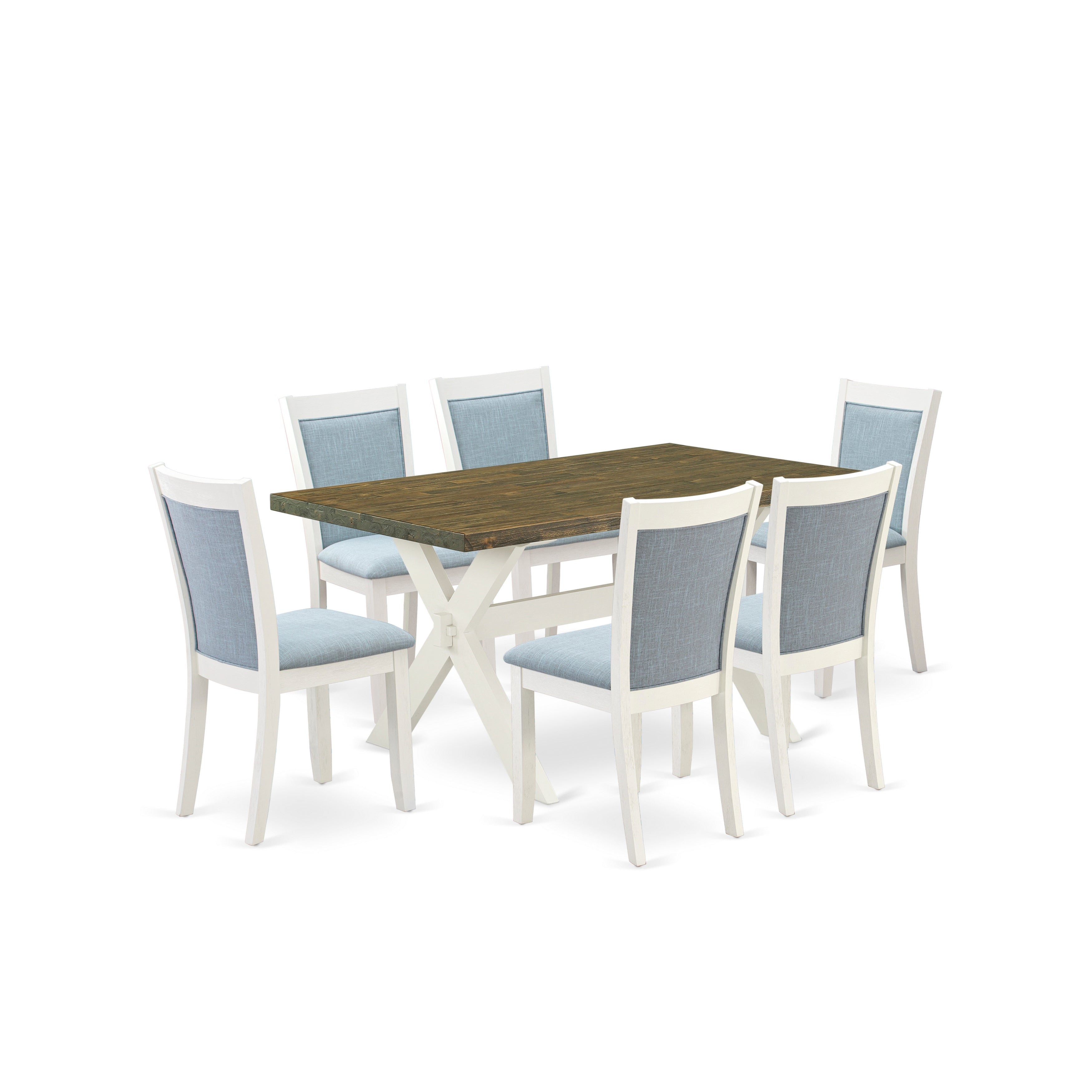 East West Furniture X076MZ015-7 7-Piece Kitchen Table Set Consists of a Dinner Table and 6 Baby Blue Linen Fabric Parsons Chairs with Stylish Back - Wire Brushed linen white Finish