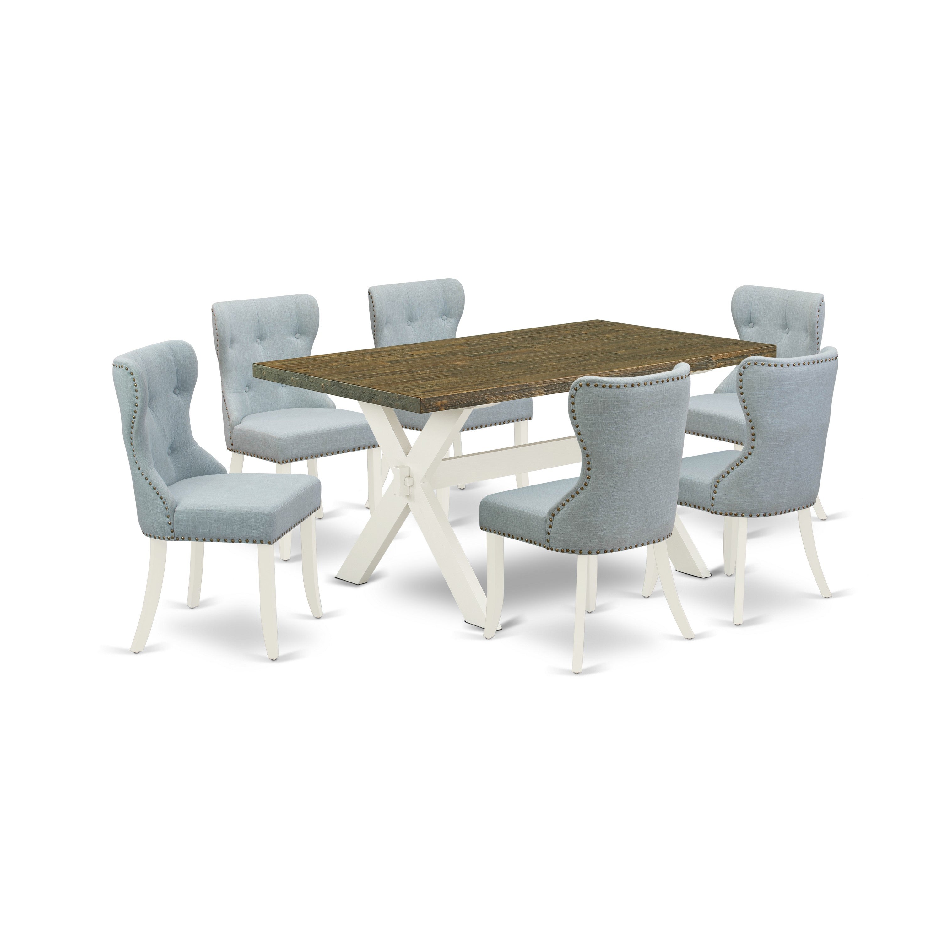 East West Furniture 7-Pc Dinette Set- 6 Parson Chairs with Baby Blue Linen Fabric Seat and Button Tufted Chair Back - Rectangular Table top & Wooden Cross Legs - Distressed Jacobean and linen white Finish