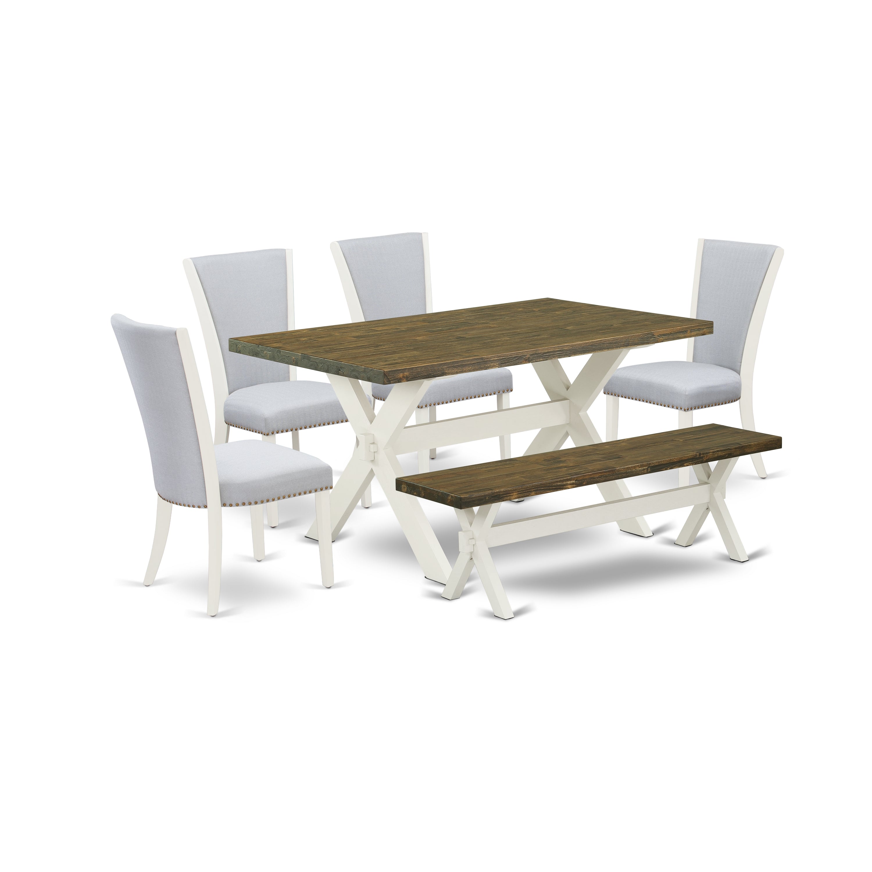 East West Furniture X076VE005-6 6 Piece Dining Room Table Set - 4 Grey Linen Fabric Parsons Chair with Nailheads and Distressed Jacobean Modern Dining Table - 1 Wood Bench - Wire Brushed linen white Finish
