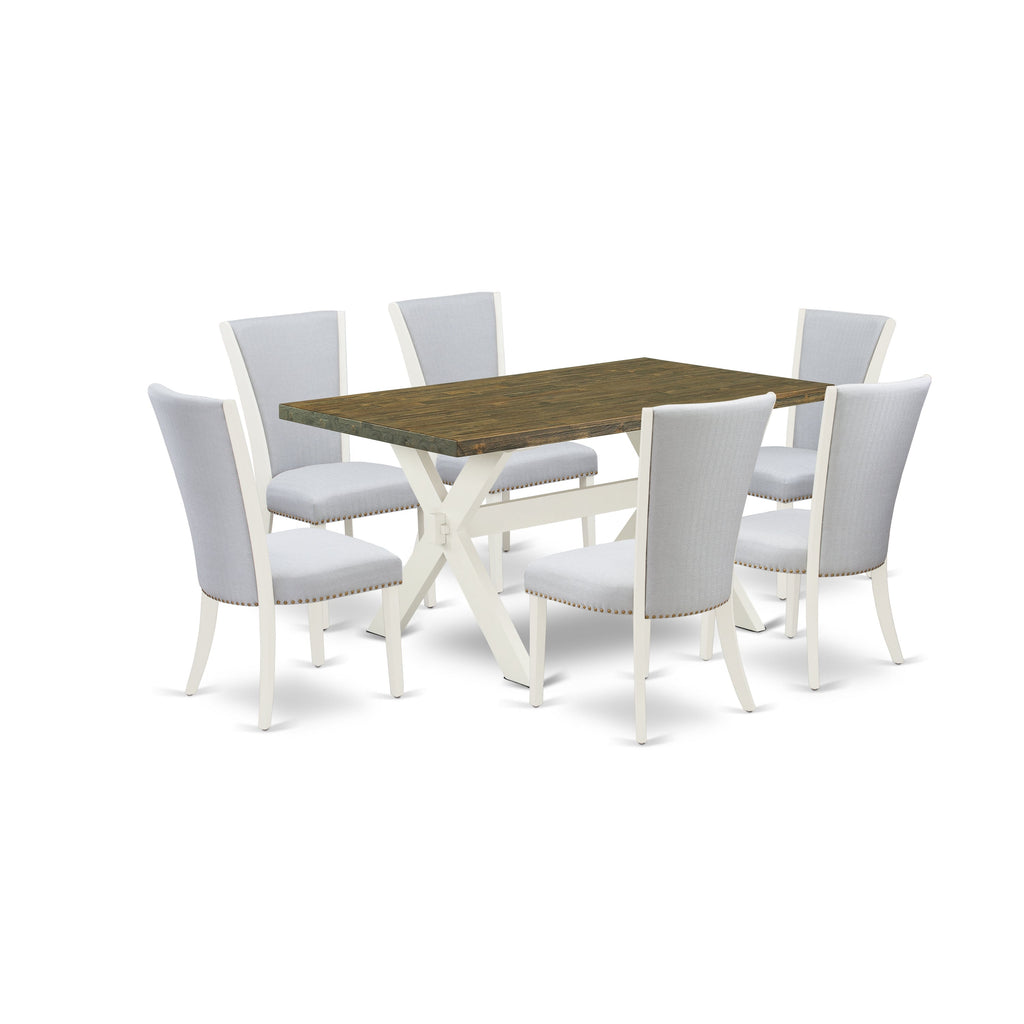 East West Furniture X076VE005-7 7 Piece Modern Dining Table Set Consist of a Rectangle Dining Room Table with X-Legs and 6 Grey Linen Fabric Parsons Chairs