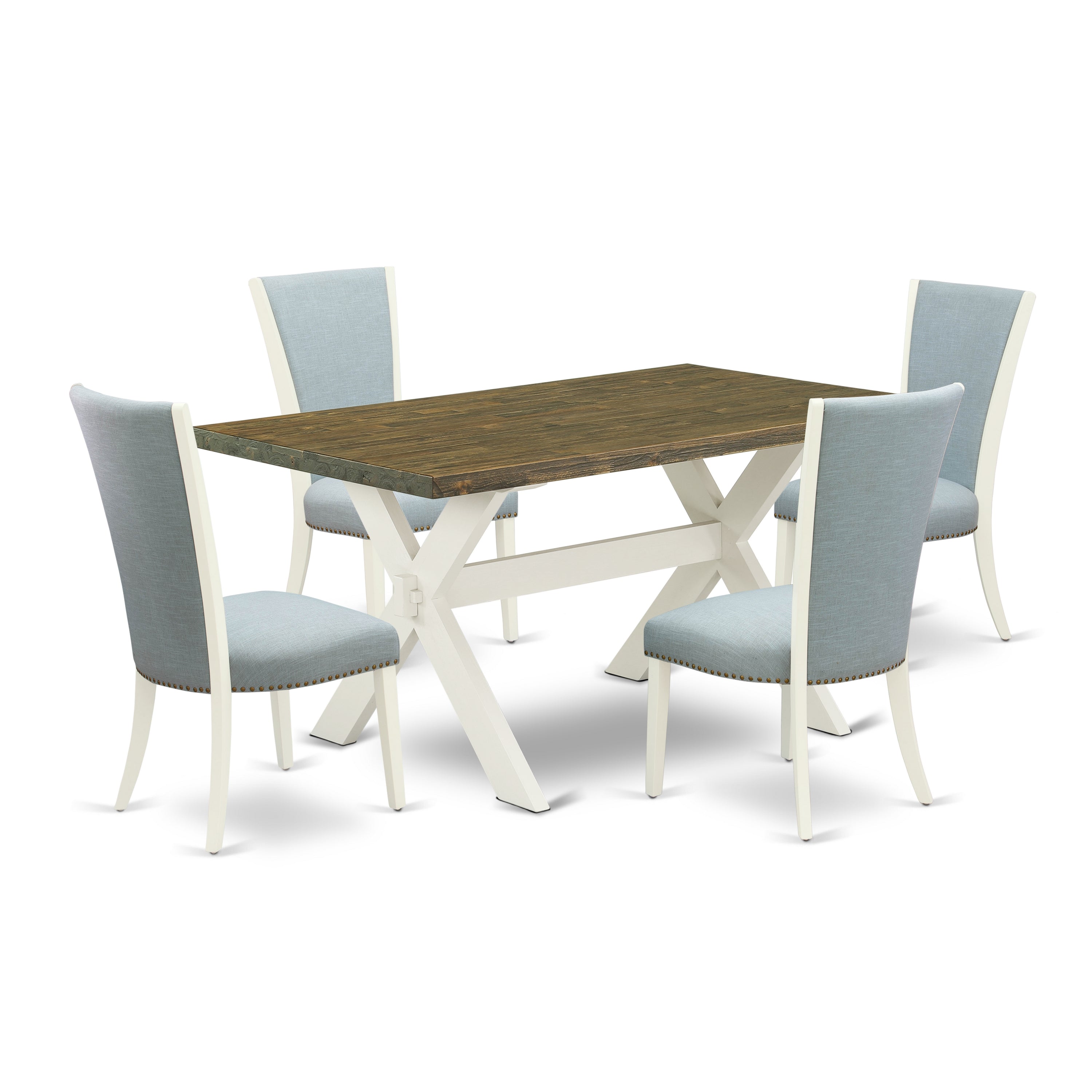 East West Furniture X076VE215-5 5 Piece Dining Table Set - 4 Baby Blue Linen Fabric Upholstered Chair with Nailheads and Distressed Jacobean Wood Dining Table - linen white Finish