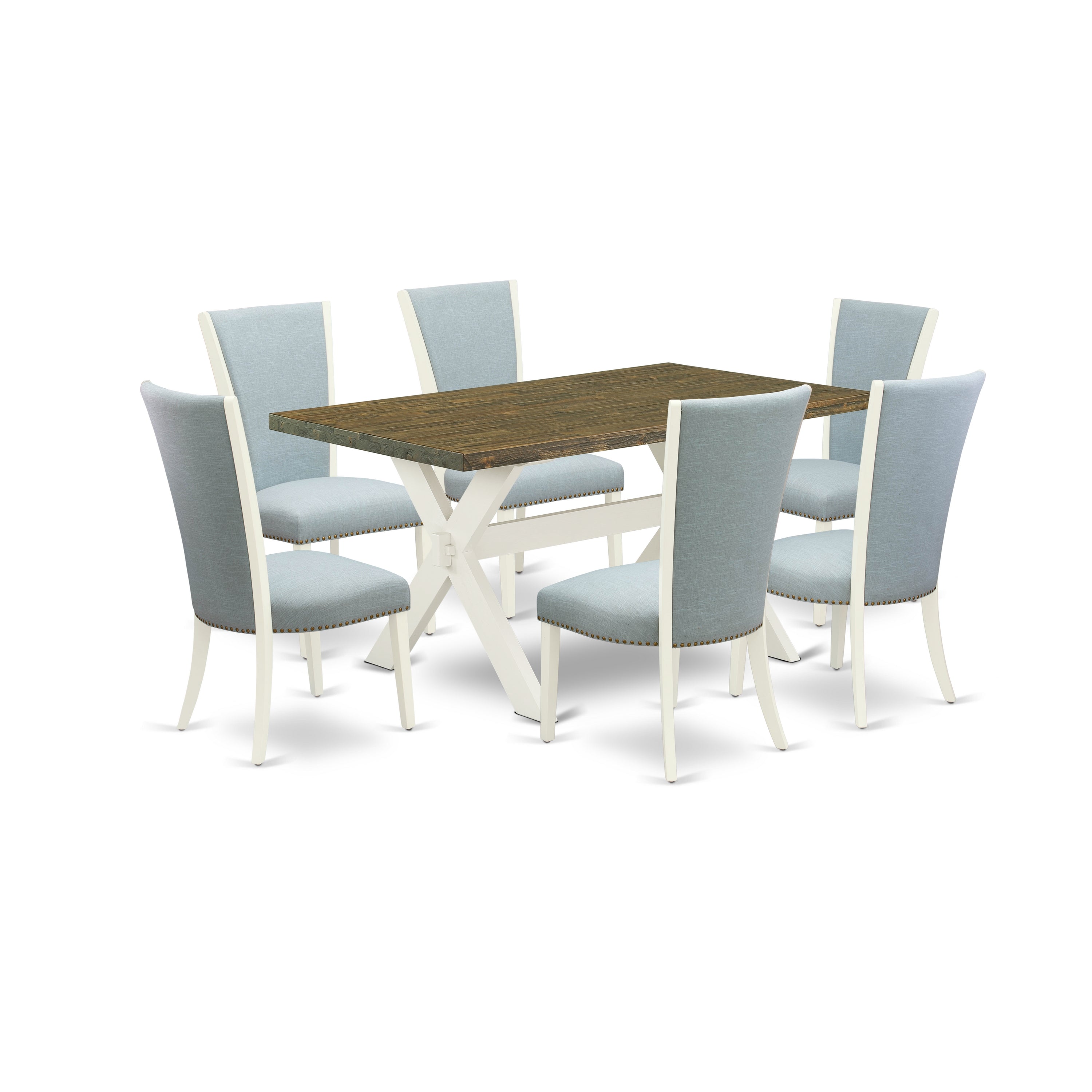 East West Furniture X076VE215-7 7 Piece Dining Room Table Set - 6 Baby Blue Linen Fabric Parson Dining Room Chairs with Nailheads and Distressed Jacobean Wood Dining Table - linen white Finish
