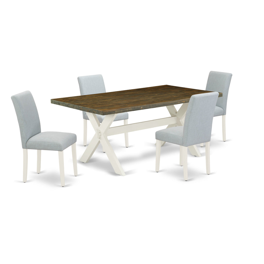East West Furniture X077AB015-5 5 Piece Dining Room Table Set Includes a Rectangle Dining Table with X-Legs and 4 Baby Blue Linen Fabric Upholstered Chairs, 36x60 Inch, Multi-Color
