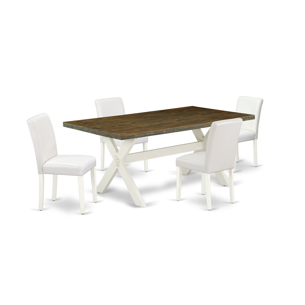 Juego de mesa de comedor moderna de 5 piezas East West Furniture X077AB264-5. Incluye una mesa rectangular de madera con patas en forma de X y 4 sillas de comedor Parsons de piel sintética blanca.