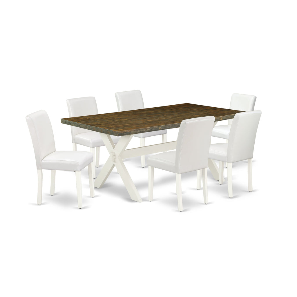 Juego de mesa de comedor de 7 piezas East West Furniture X077AB264-7 compuesto por una mesa de comedor rectangular con patas en forma de X y 6 sillas Parson tapizadas en piel sintética blanca.