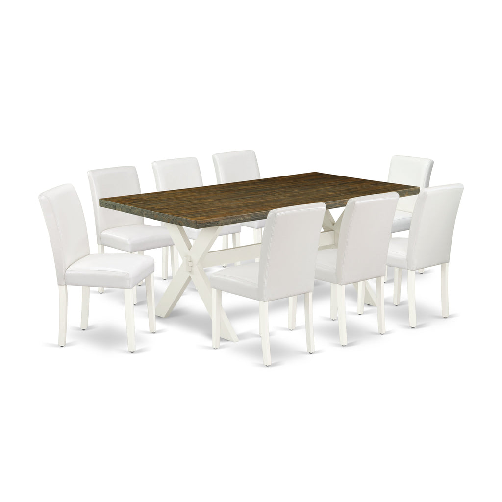Juego de comedor de 9 piezas East West Furniture X077AB264-9. Incluye una mesa de comedor rectangular con patas en forma de X y 8 sillas tapizadas en piel sintética blanca.