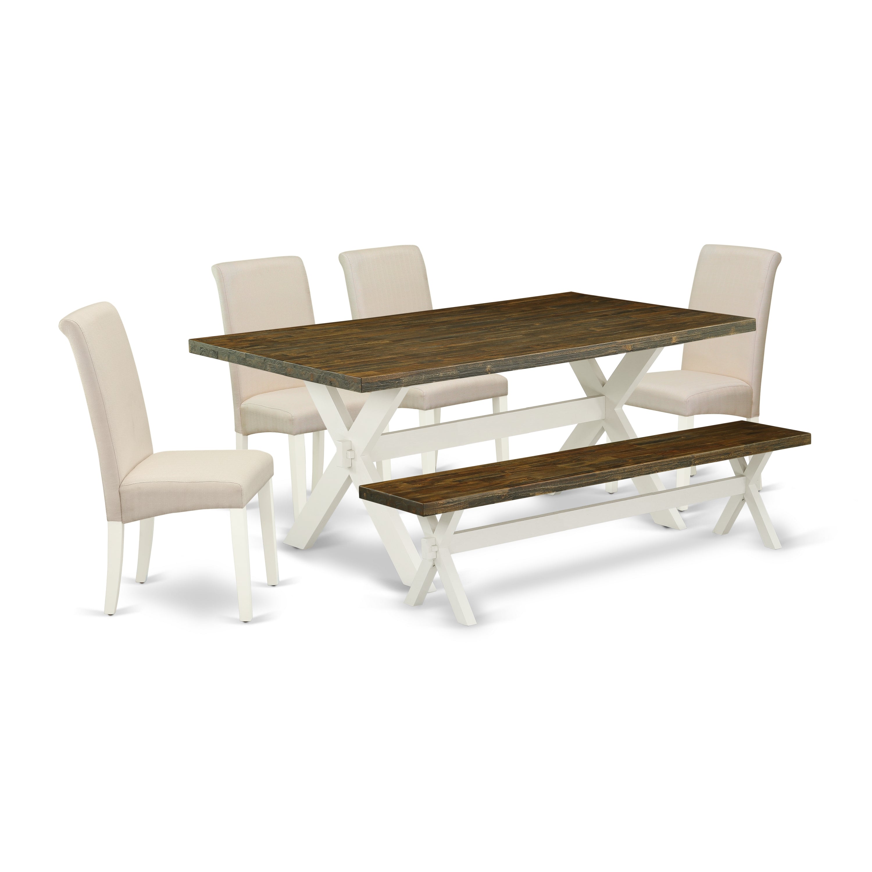 EAST WEST FURNITURE - X077BA201-6 - 6-Pc Dining Room Set - 4 Kitchen Dining Chairs, a Small Bench and 1 Kitchen Table - linen white Finish