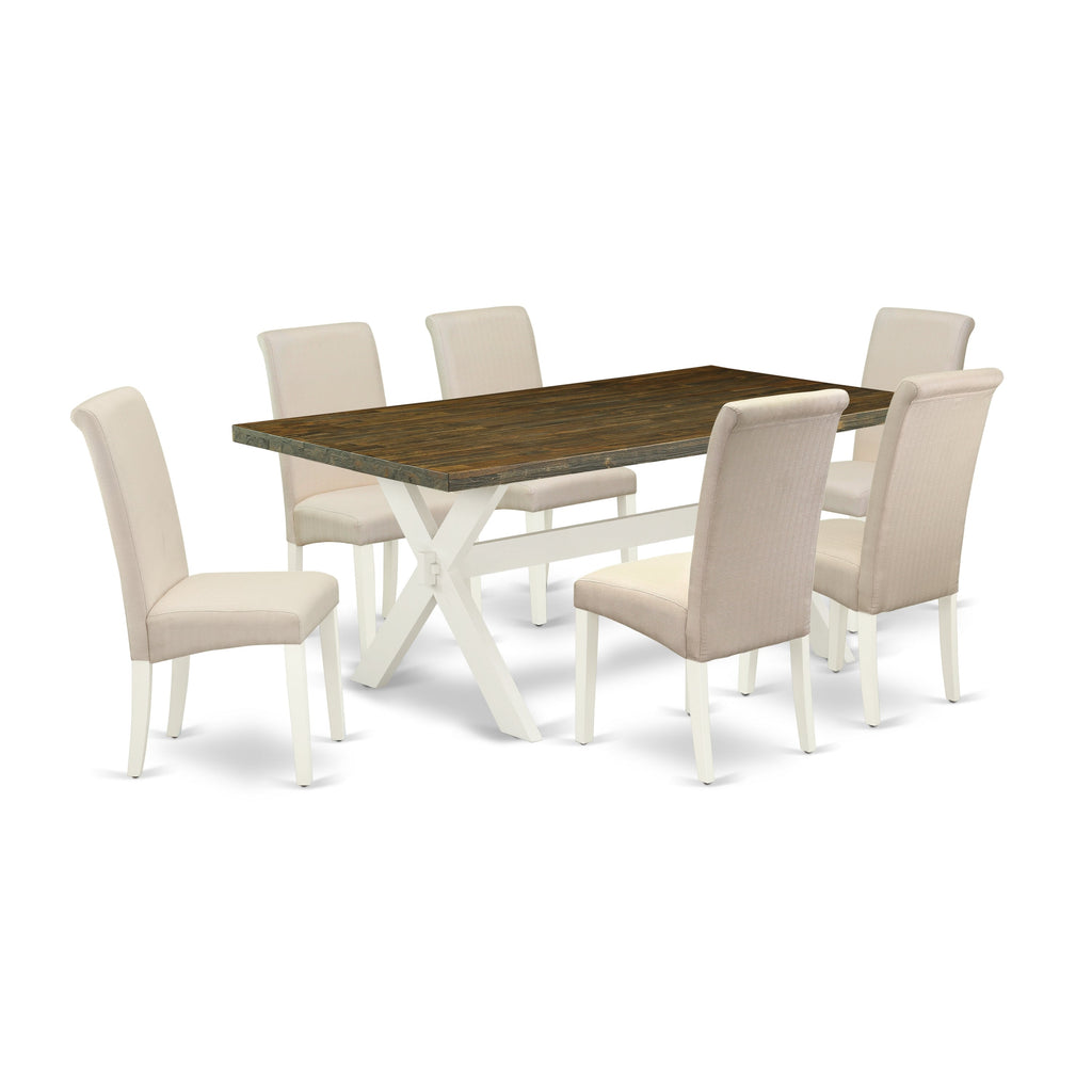 Juego de comedor de 7 piezas East West Furniture X077BA201-7 compuesto por una mesa de comedor rectangular con patas en forma de X y 6 sillas Parson tapizadas en tela de lino color crema.