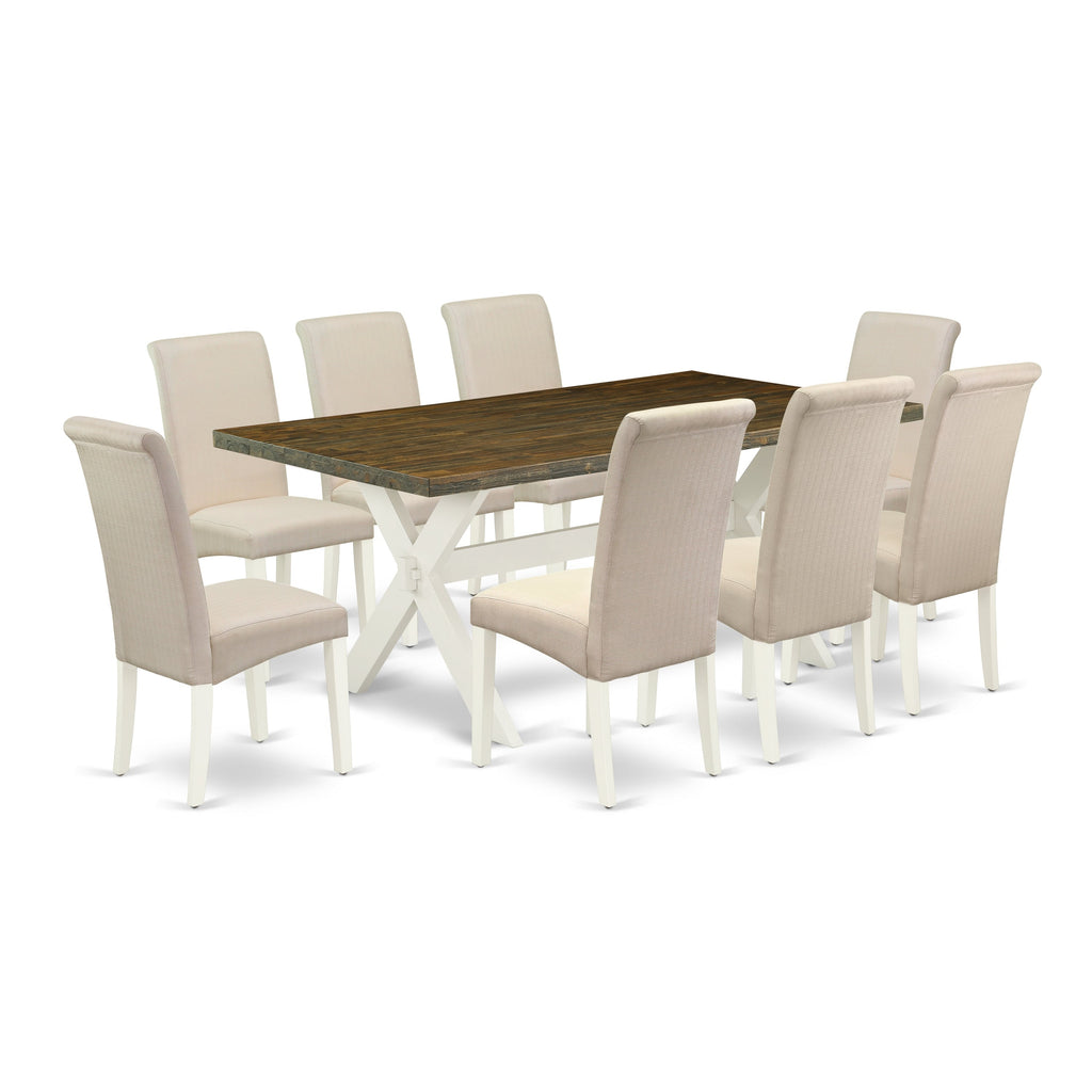 Juego de comedor de 9 piezas East West Furniture X077BA201-9. Incluye una mesa de comedor rectangular con patas en forma de X y 8 sillas Parson tapizadas en tela de lino color crema.
