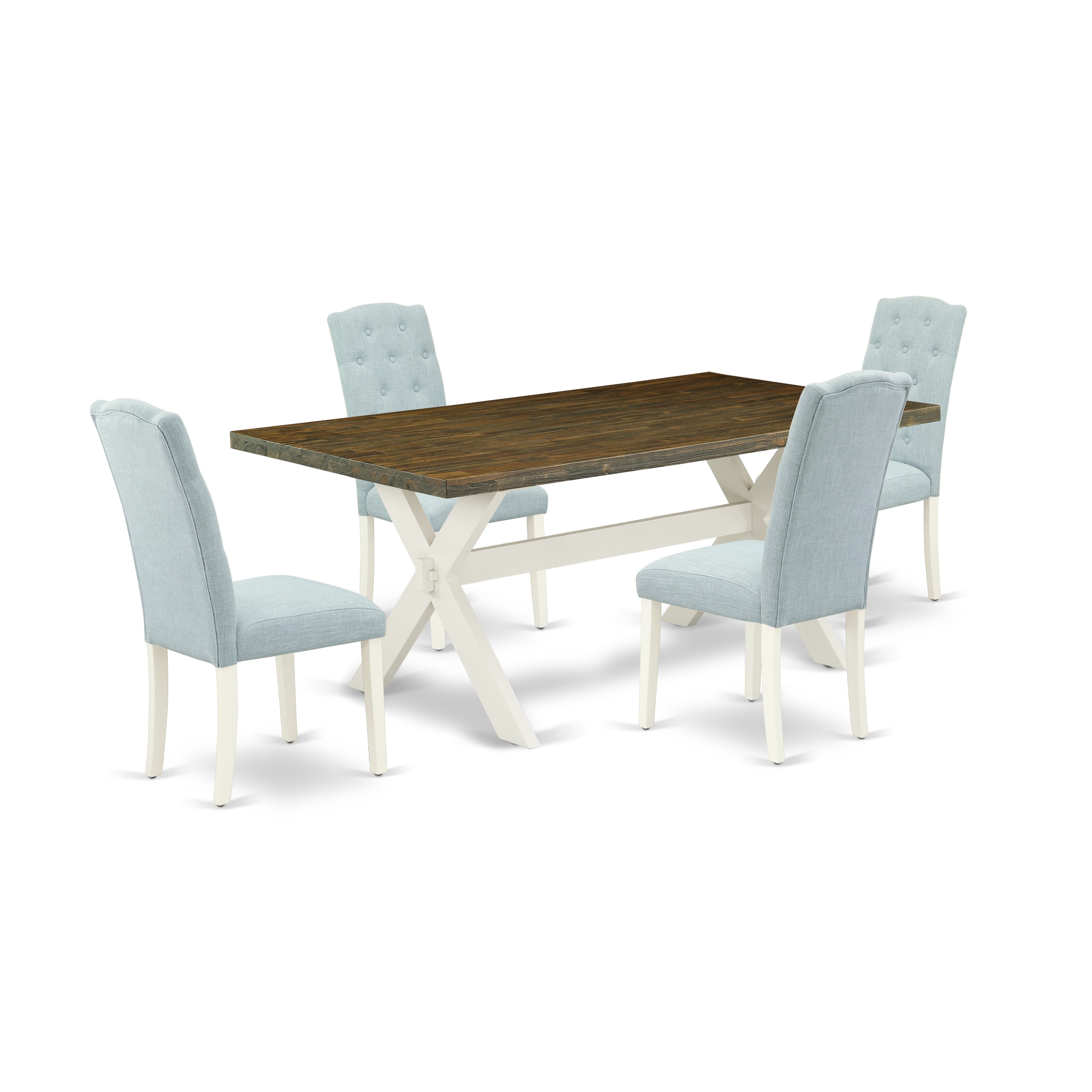 East West Furniture X077CE215-5 5-Piece Dining Room Table Set- 4 Dining Chair with Baby Blue Linen Fabric Seat and Button Tufted Chair Back - Kitchen Table (Distressed Jacobean Finish)