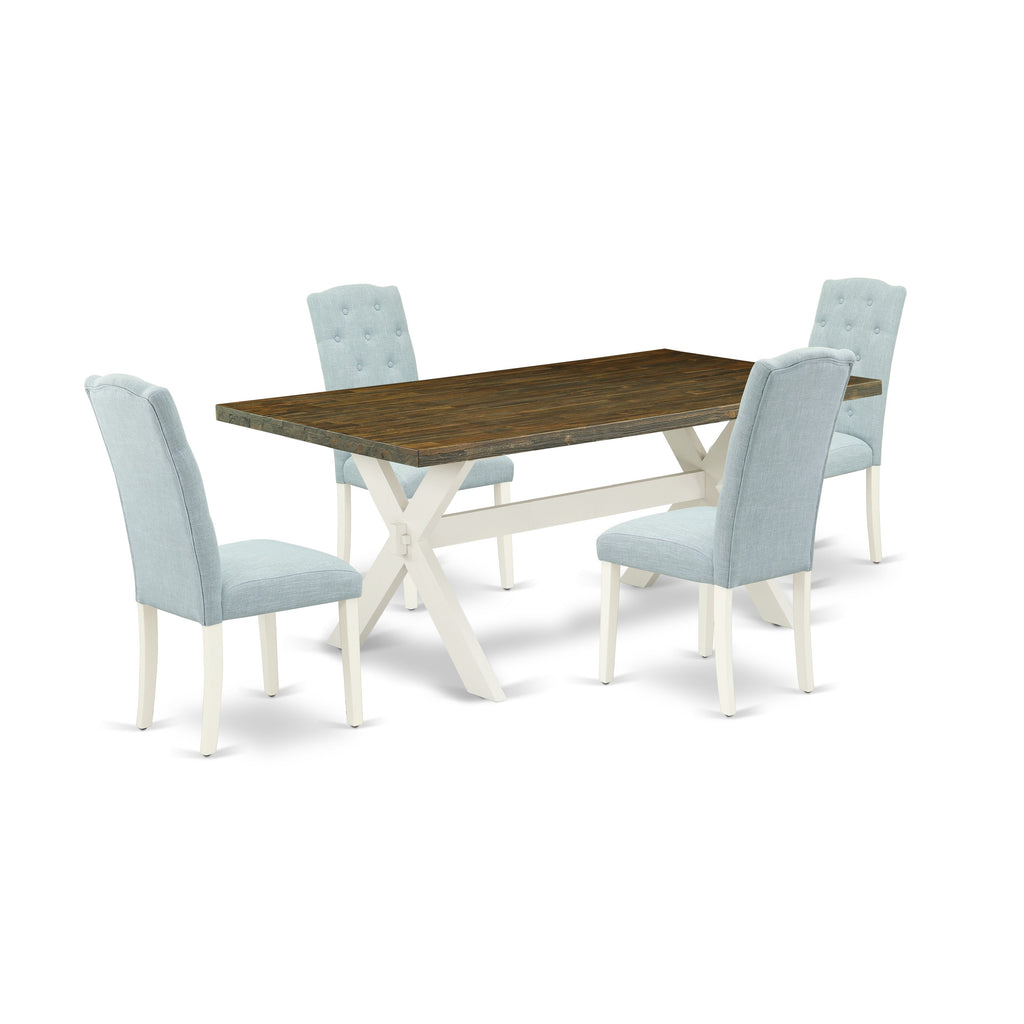 East West Furniture X077CE215-5 5 Piece Dining Table Set for 4 Includes a Rectangle Kitchen Table with X-Legs and 4 Baby Blue Linen Fabric Parson Dining Chairs