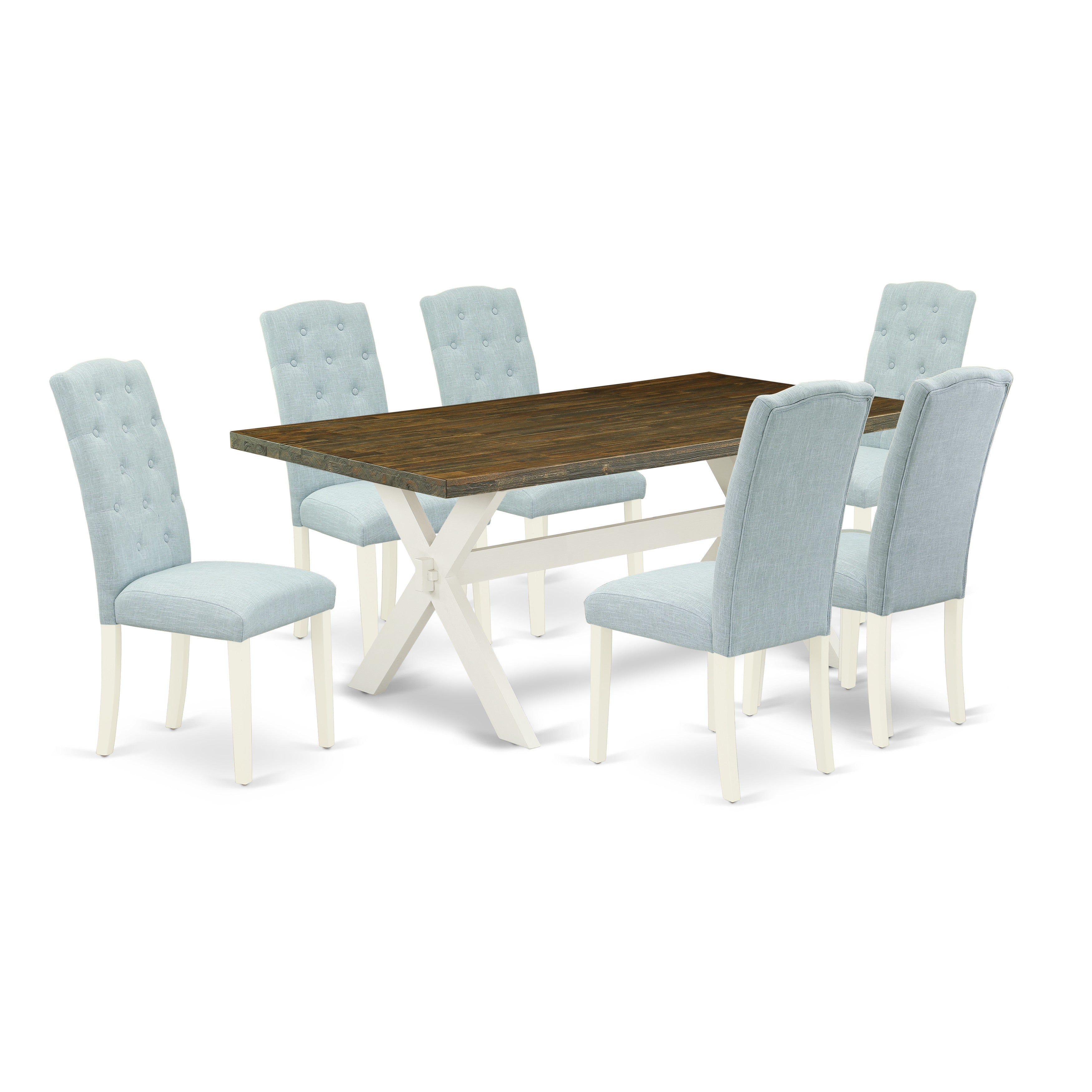 East West Furniture X077CE215-7 7-Pc Dining Table Set- 6 Dining Padded Chairs with Baby Blue Linen Fabric Seat and Button Tufted Chair Back - Rectangular Table top & Wooden Cross Legs - Distressed Jacobean and linen white Finish