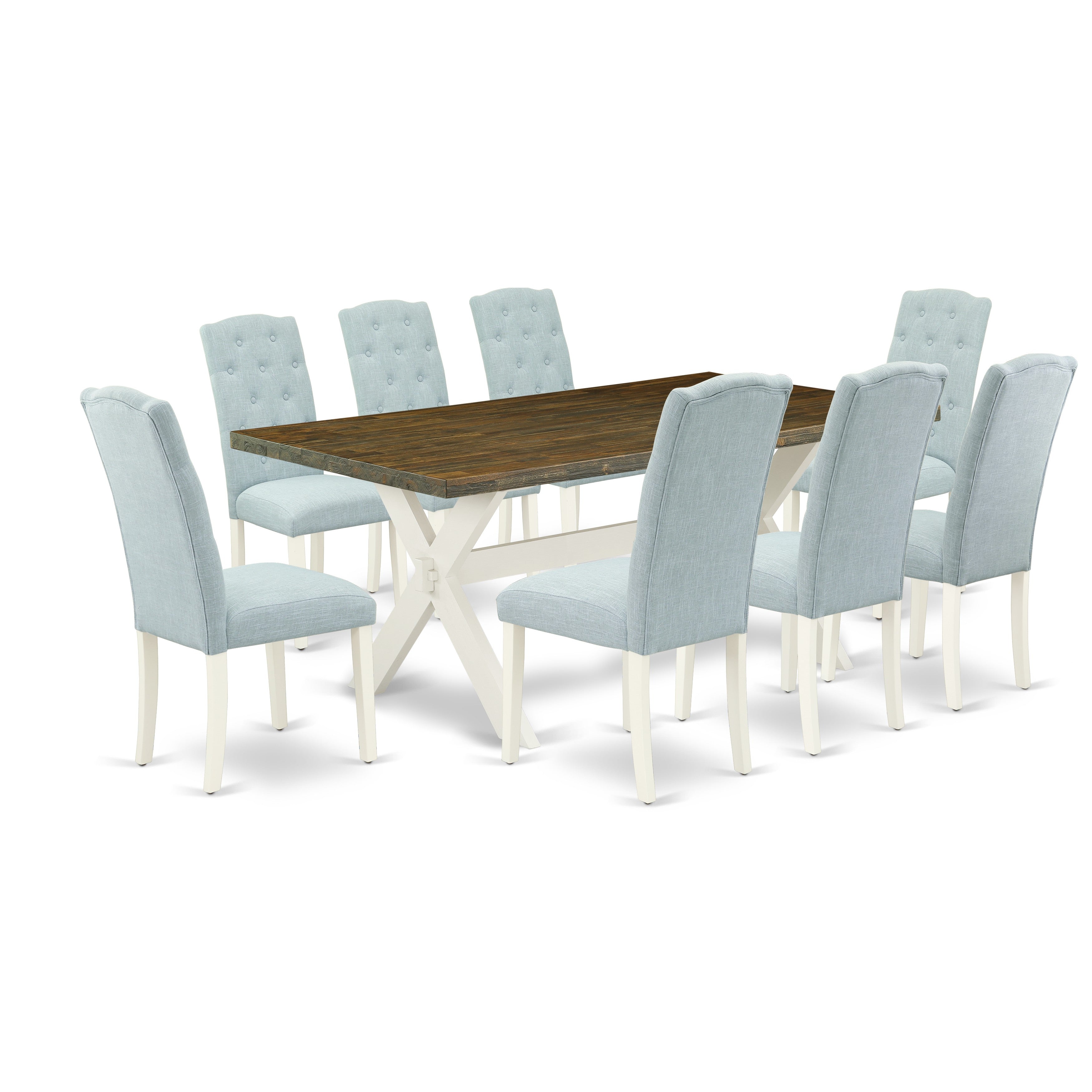 East West Furniture X077CE215-9 9-Piece Dinette Set- 8 Upholstered Dining Chairs with Baby Blue Linen Fabric Seat and Button Tufted Chair Back - Rectangular Table top & Wooden Cross Legs - Distressed Jacobean and linen white Finish