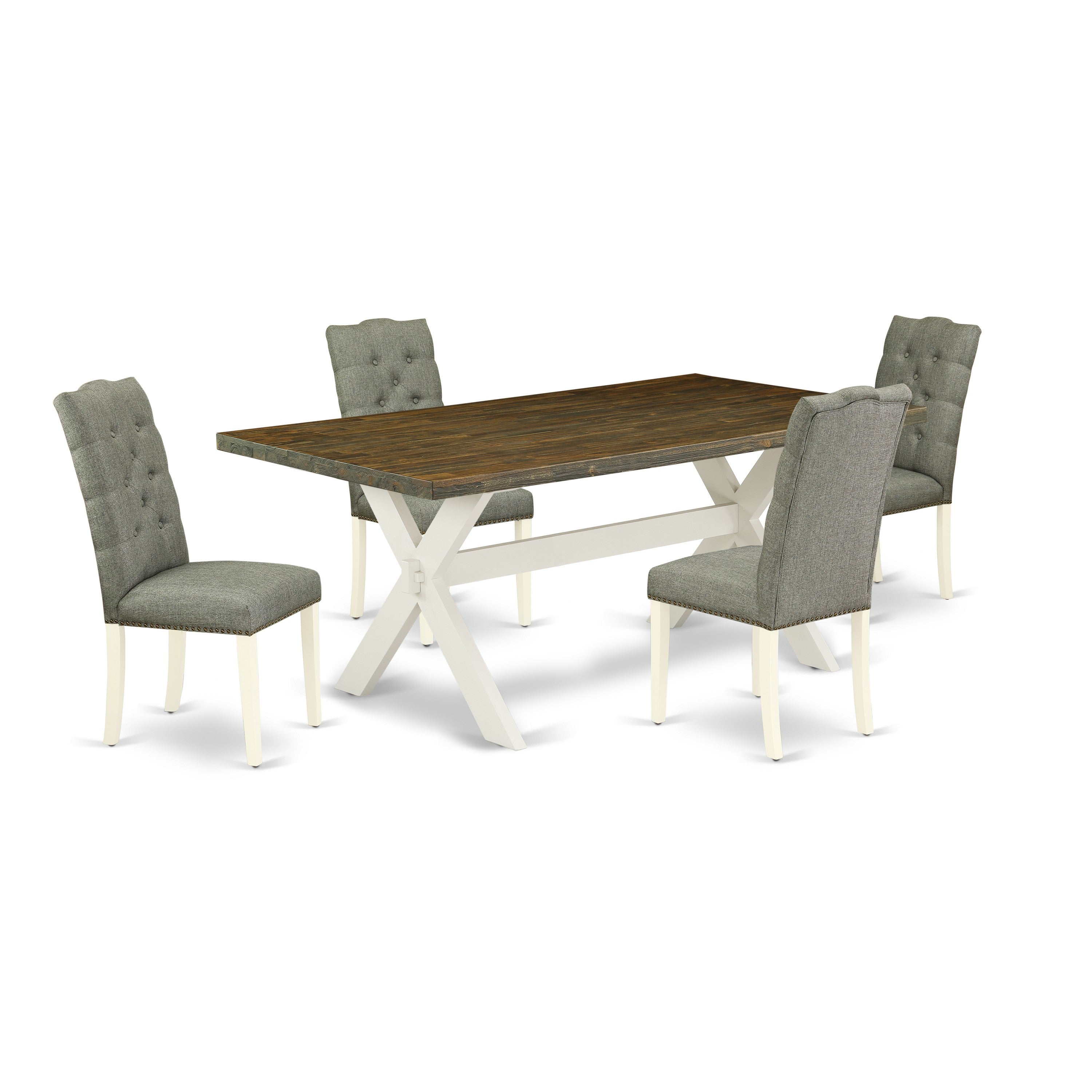 East West Furniture X077EL207-5 5-Piece Modern Dining Set- 4 Upholstered Dining Chairs with Smoke Linen Fabric Seat and Button Tufted Chair Back - Dining Room Table (Distressed Jacobean Finish)
