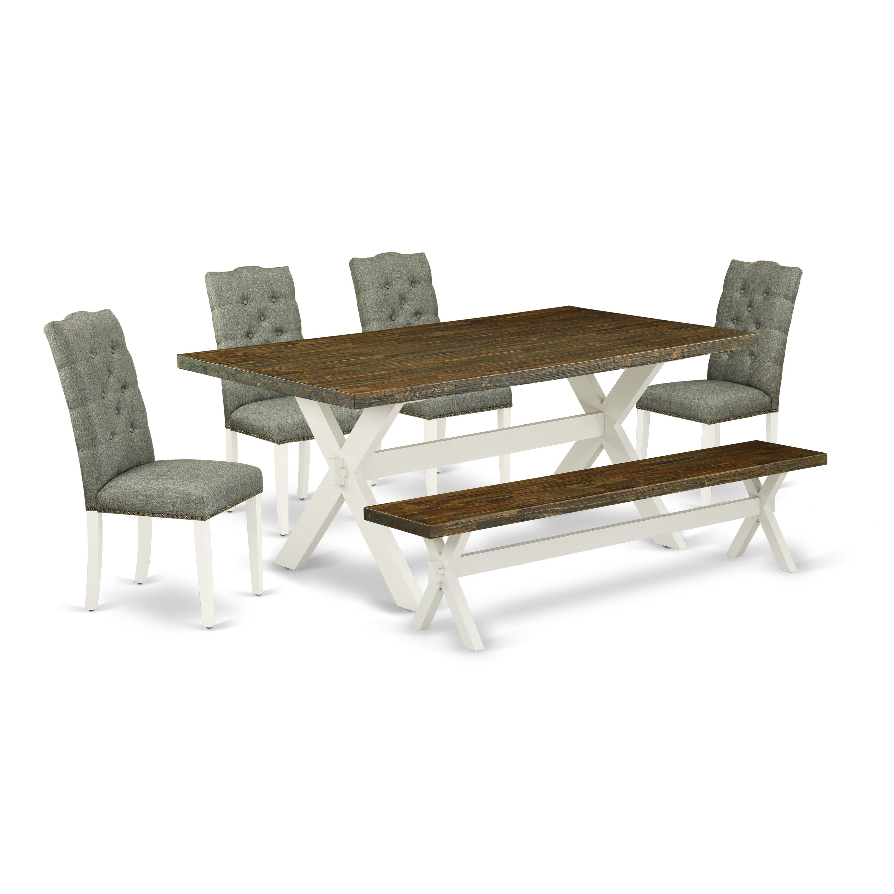East West Furniture 6-Piece Dining Room Table Set- 4 dining room chairs with Smoke Linen Fabric Seat and Button Tufted Chair Back - Rectangular top & Wooden Cross Legs Dining Table and Wood Bench - Distressed Jacobean and linen white Finish