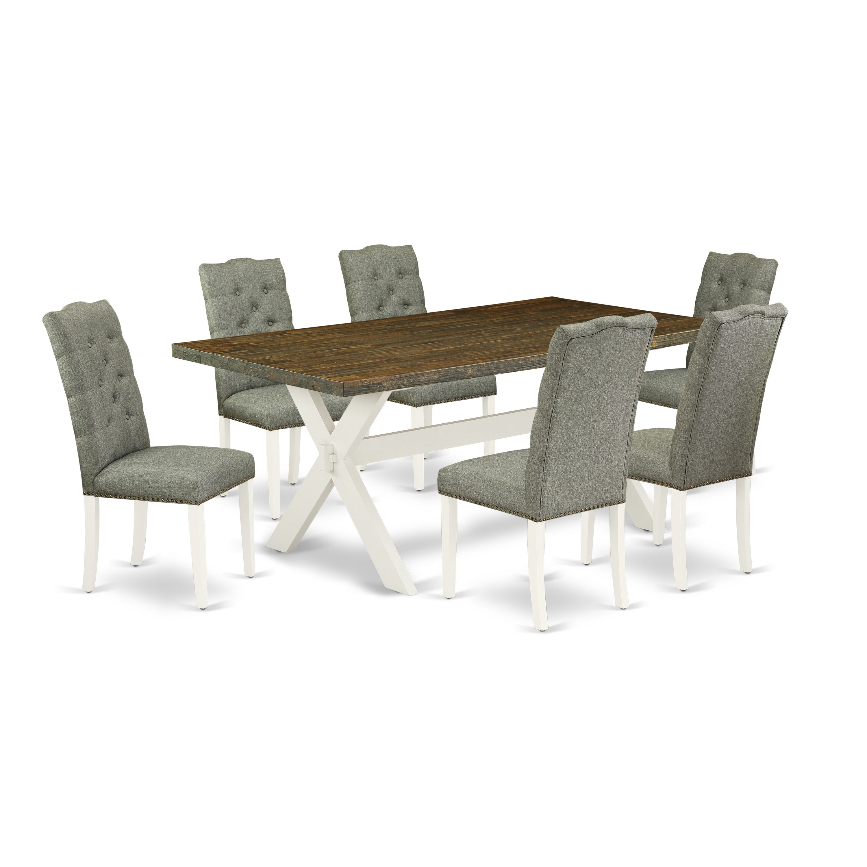 East West Furniture 7-Pc Dinette Room Set- 6 Parson Chairs with Smoke Linen Fabric Seat and Button Tufted Chair Back - Rectangular Table top & Wooden Cross Legs - Distressed Jacobean and linen white Finish