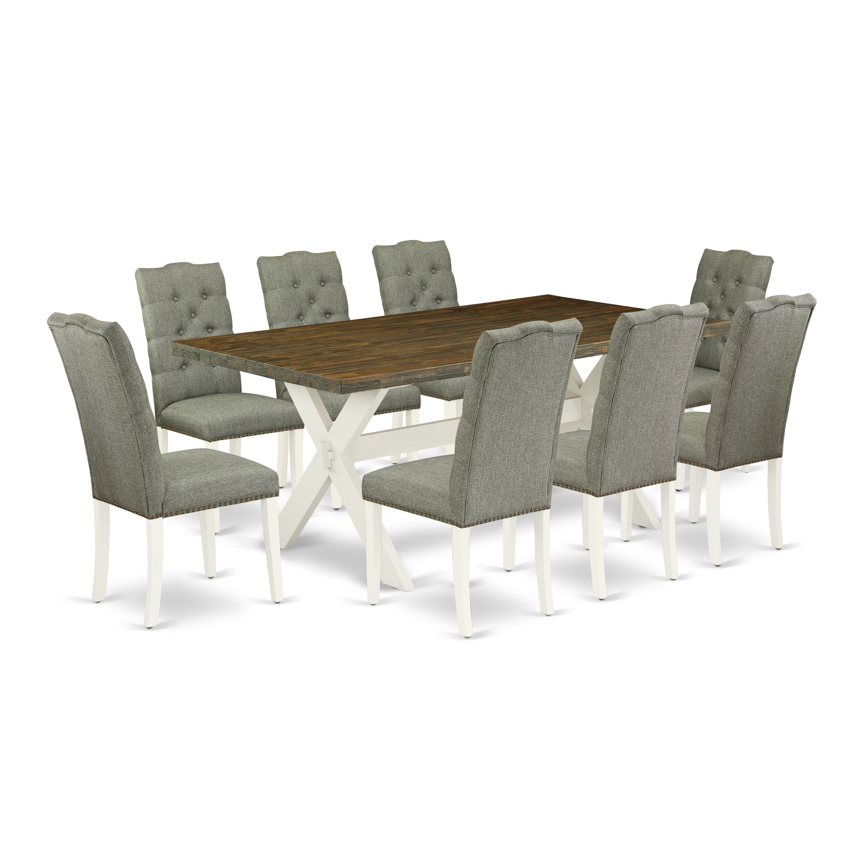 East West Furniture 9-Pc Dining Room Set- 8 Upholstered Dining Chairs with Smoke Linen Fabric Seat and Button Tufted Chair Back - Rectangular Table top & Wooden Cross Legs - Distressed Jacobean and linen white Finish