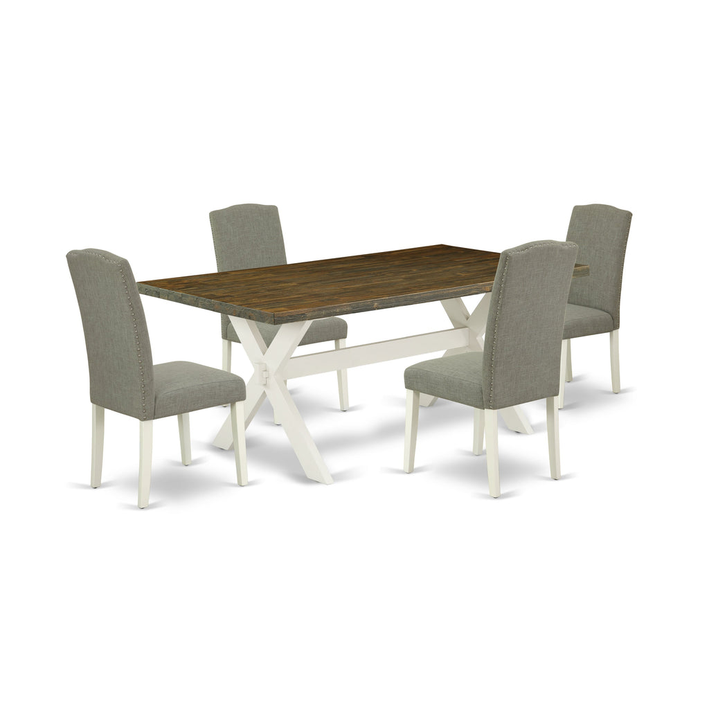 Juego de mesa de comedor moderna de 5 piezas East West Furniture X077EN206-5. Incluye una mesa rectangular de madera con patas en forma de X y 4 sillas Parson de tela de lino shitake oscuro.