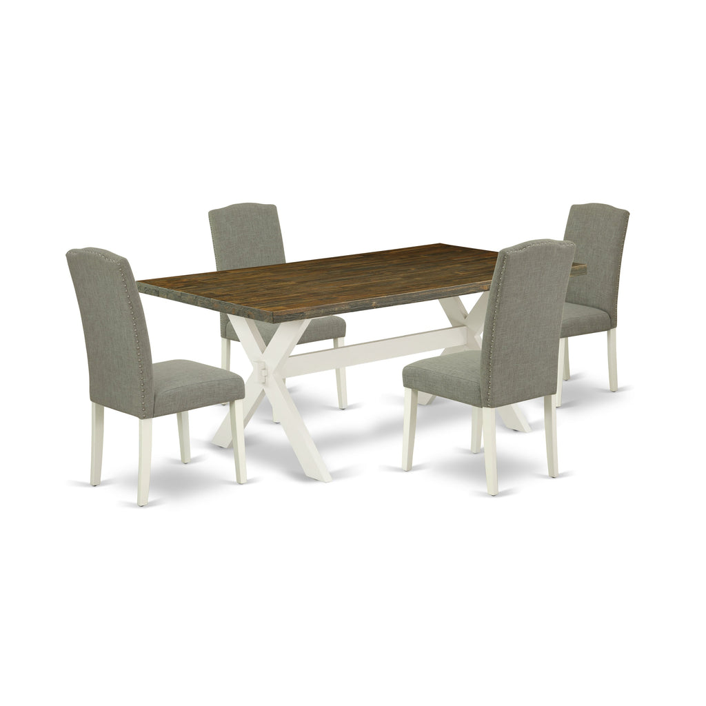 East West Furniture X077EN206-5 5 Piece Modern Dining Table Set Includes a Rectangle Wooden Table with X-Legs and 4 Dark Shitake Linen Fabric Parson Chairs, 40x72 Inch, Multi-Color