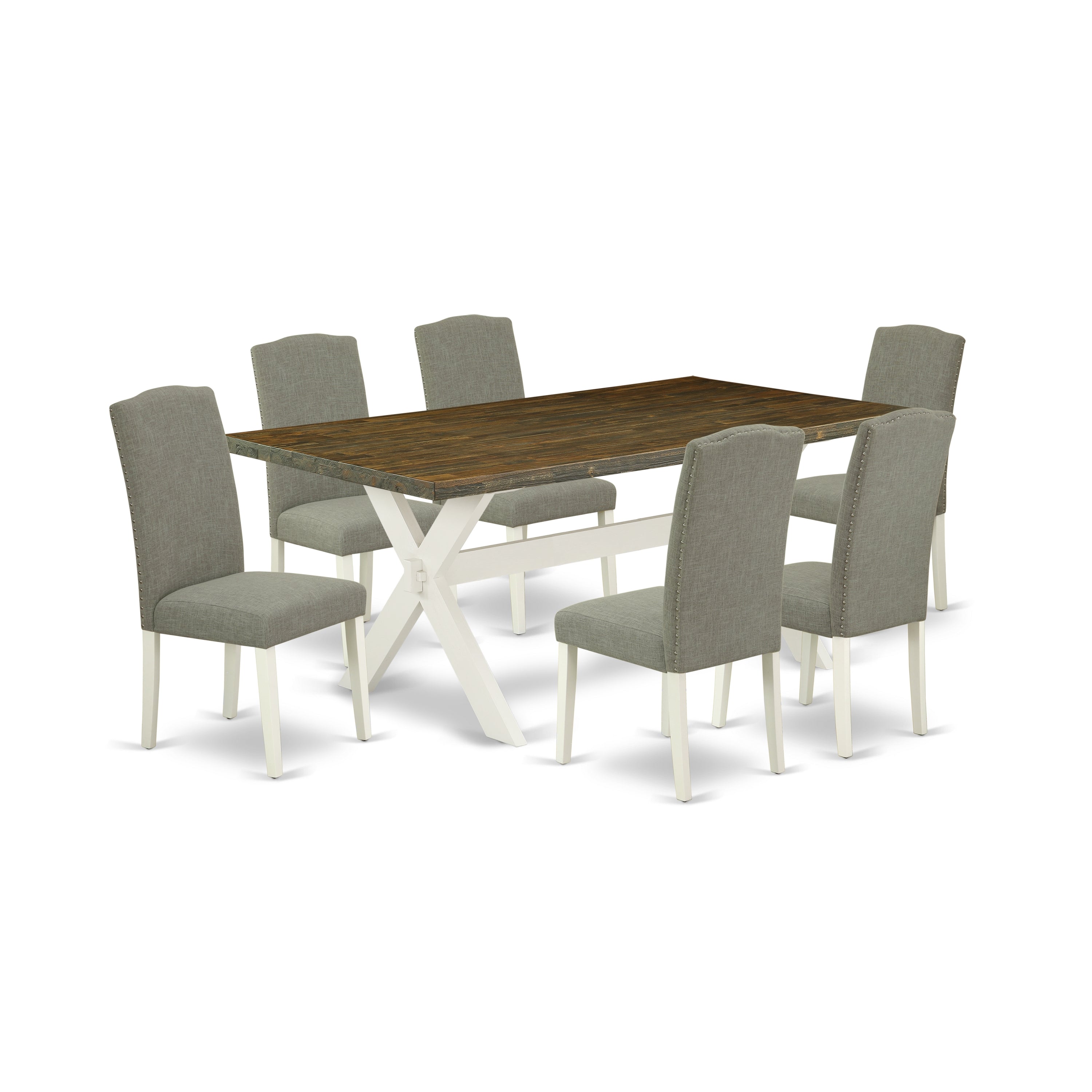 Juego de mesa de comedor moderno East West Furniture X077EN206-7 de 7 piezas compuesto por una mesa rectangular de madera con patas en forma de X y 6 sillas tapizadas en tela de lino shitake oscuro.