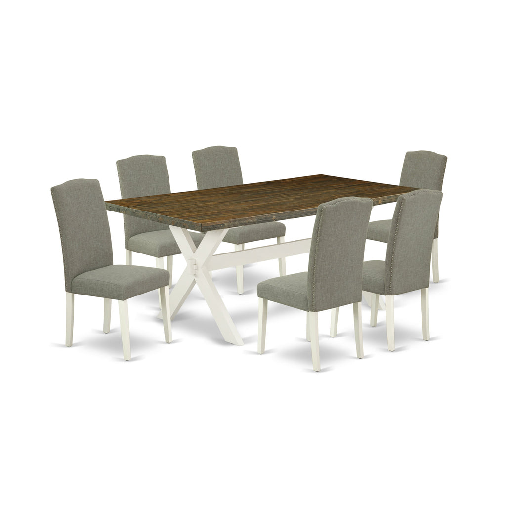 Juego de mesa de comedor moderno East West Furniture X077EN206-7 de 7 piezas compuesto por una mesa rectangular de madera con patas en forma de X y 6 sillas tapizadas en tela de lino shitake oscuro.