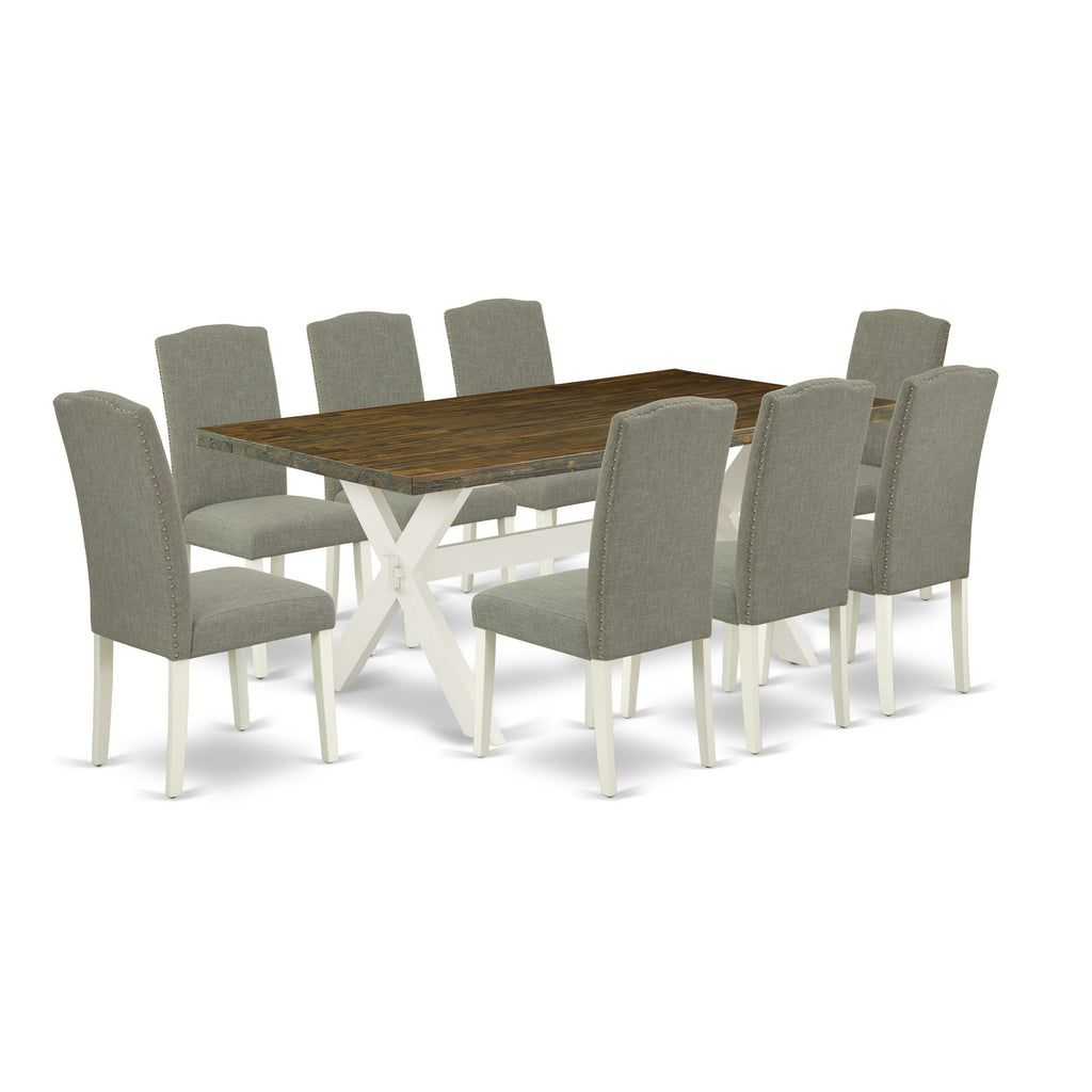 East West Furniture X077EN206-9 9 Piece Dining Set Includes a Rectangle Dining Room Table with X-Legs and 8 Dark Shitake Linen Fabric Upholstered Parson Chairs