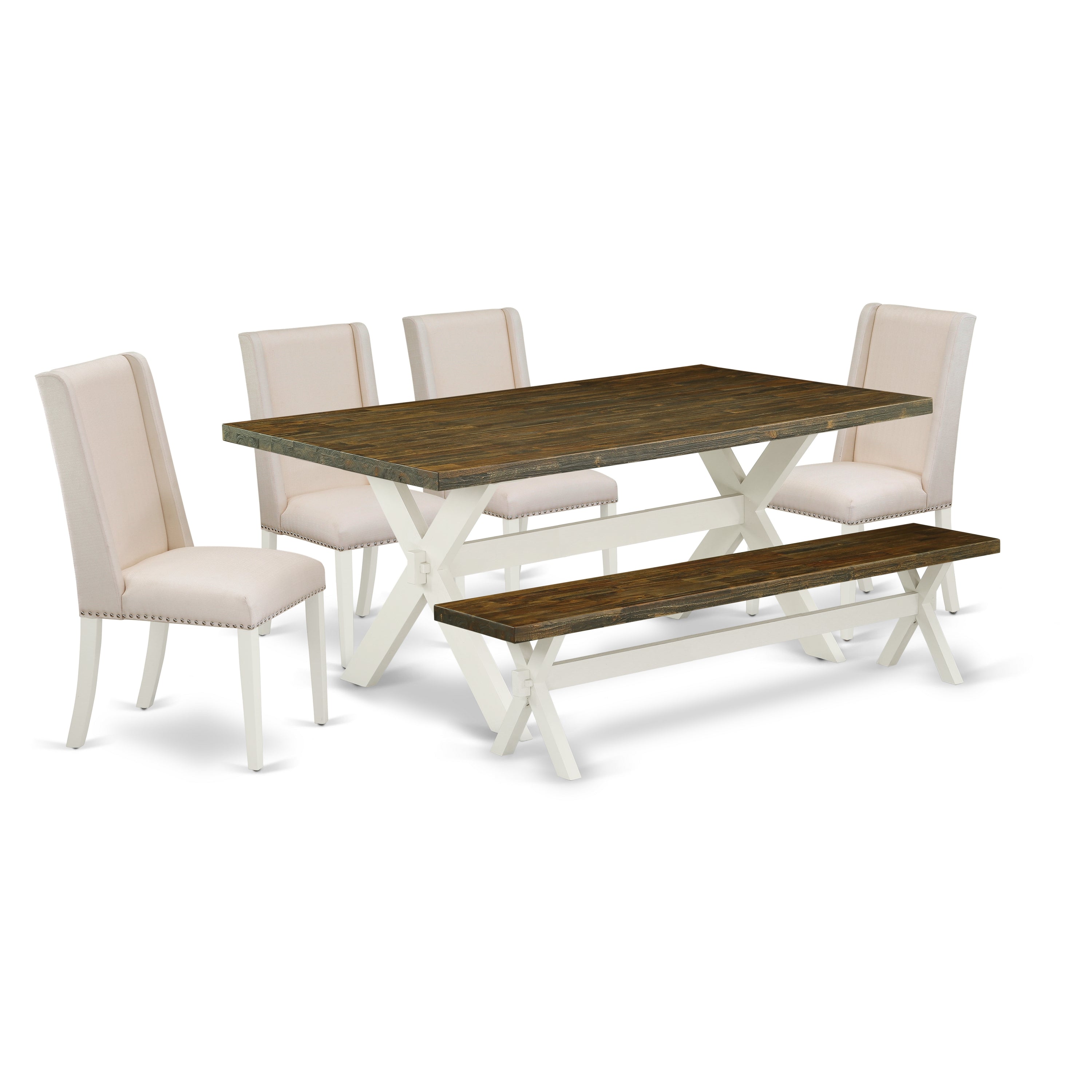 Juego de comedor de 6 piezas East West Furniture X077FL201-6. Contiene una mesa de comedor rectangular con patas en forma de X y 4 sillas tapizadas en tela de lino color crema con un banco.