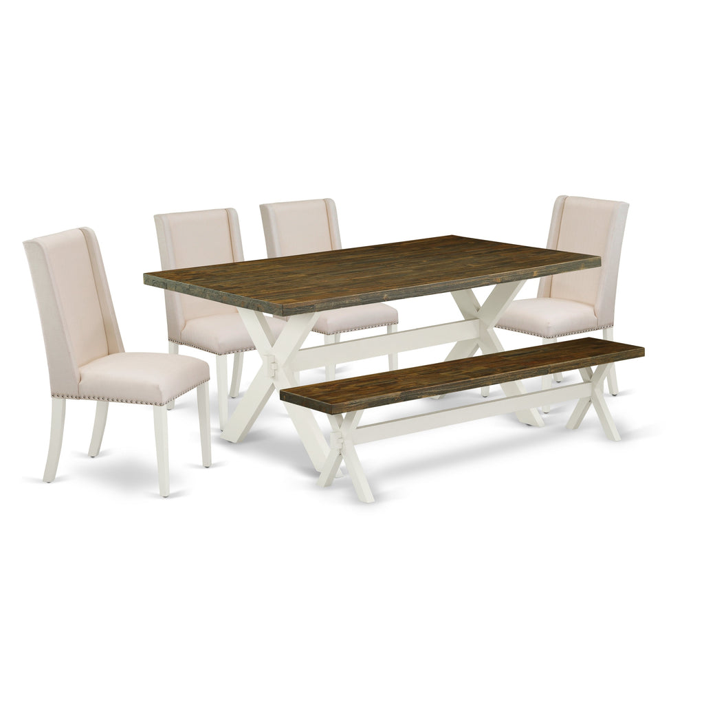 East West Furniture X077FL201-6 6 Piece Dinette Set Contains a Rectangle Dining Room Table with X-Legs and 4 Cream Linen Fabric Upholstered Chairs with a Bench
