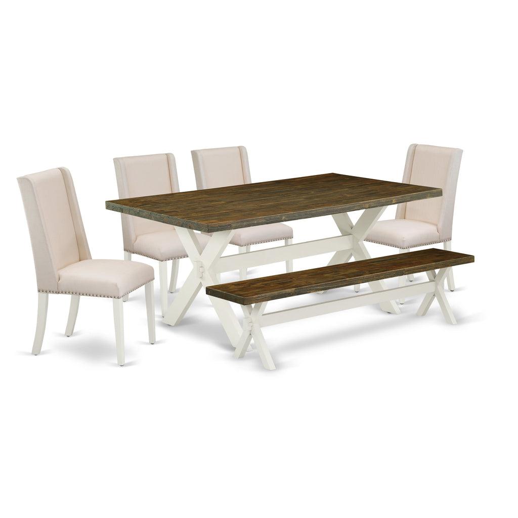 East West Furniture X077FL201-6 6 Piece Dinette Set Contains a Rectangle Dining Room Table with X-Legs and 4 Cream Linen Fabric Upholstered Chairs with a Bench, 40x72 Inch, Multi-Color