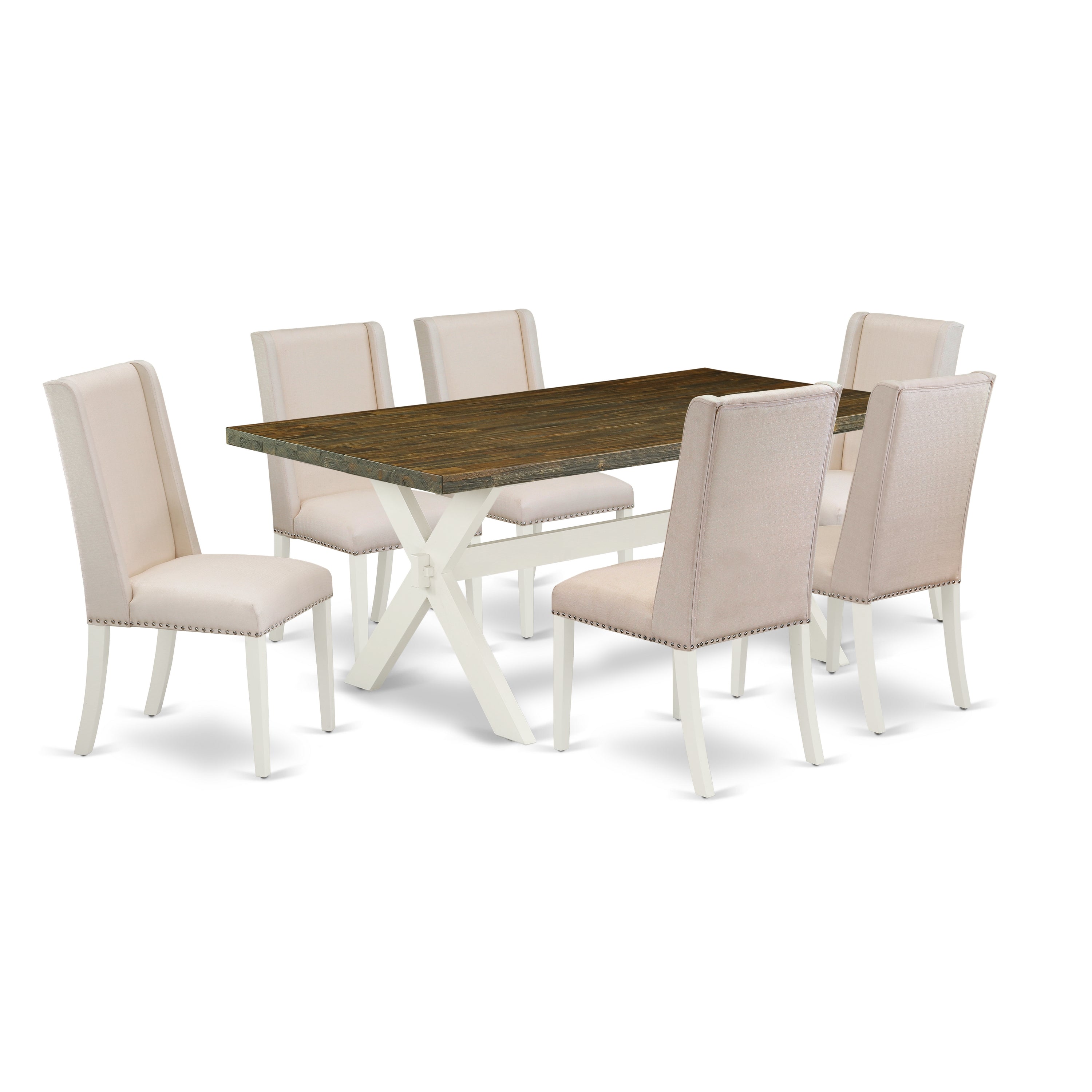 East West Furniture X077FL201-7 7-Piece modern dining Table set a great Distressed Jacobean kitchen table top and 6 Beautiful Parson dining room chairs with Nail heads and High Stylish Chair Back, linen white Finish