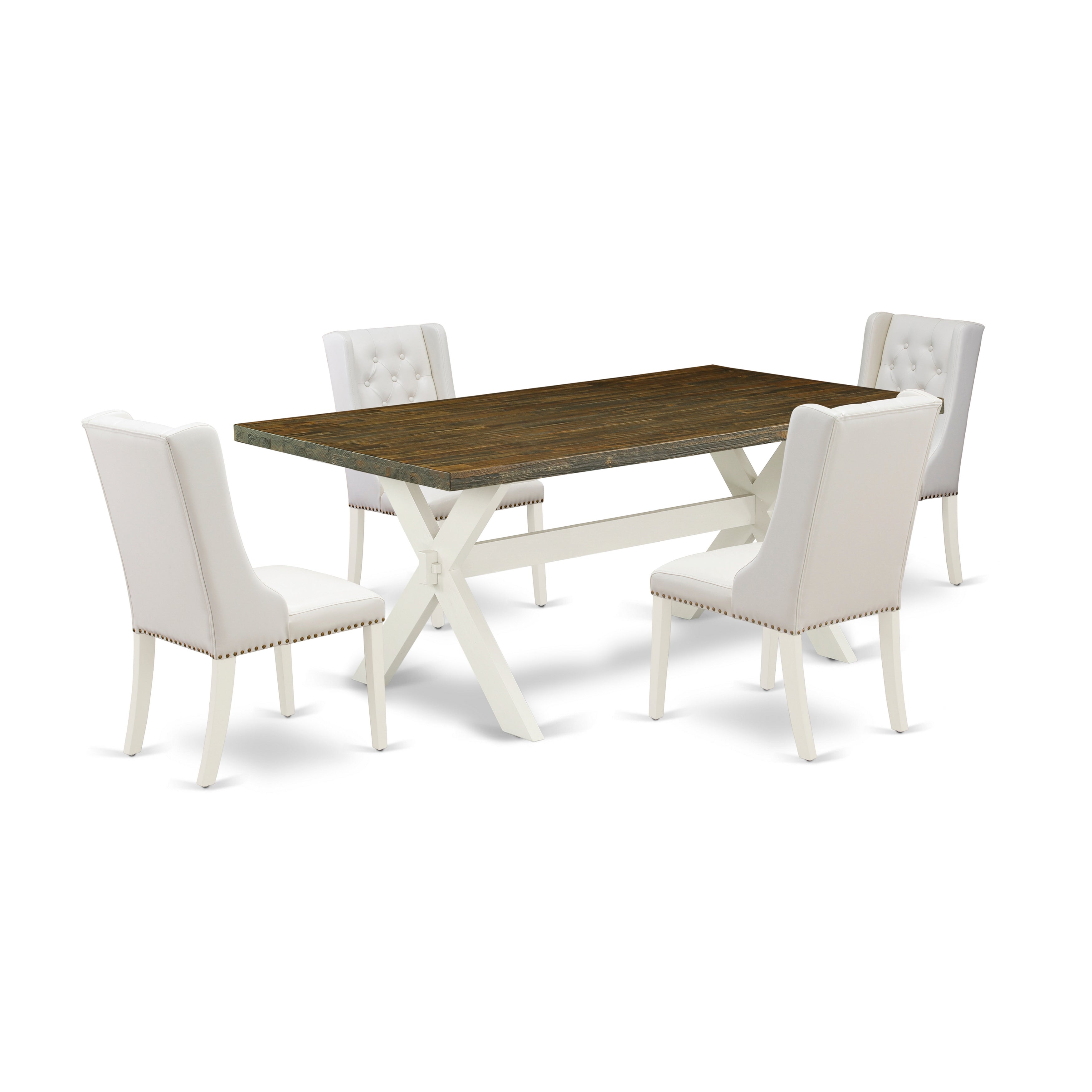 East West Furniture X077FO244-5 5-Piece Dining Room Table Set Contains 4 Linen white Pu faux Leather Dining Room Chairs with Nail Heads and Mid Century Dining Table - linen white Finish