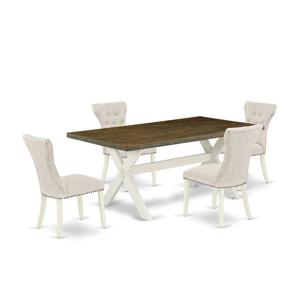 Juego de mesa y sillas de cocina de 5 piezas East West Furniture X077GA235-5. Incluye una mesa de comedor rectangular con patas en forma de X y 4 sillas Parsons de tela de lino y piel de venado.