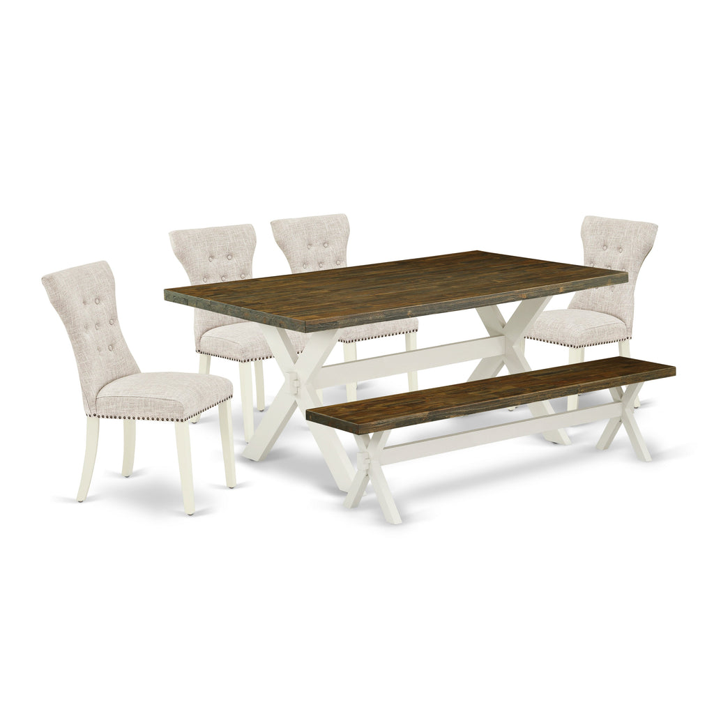 Juego de mesa de comedor moderna de 6 piezas East West Furniture X077GA235-6. Contiene una mesa rectangular de madera con patas en forma de X y 4 sillas Parson de tela de lino y piel de venado con un banco.