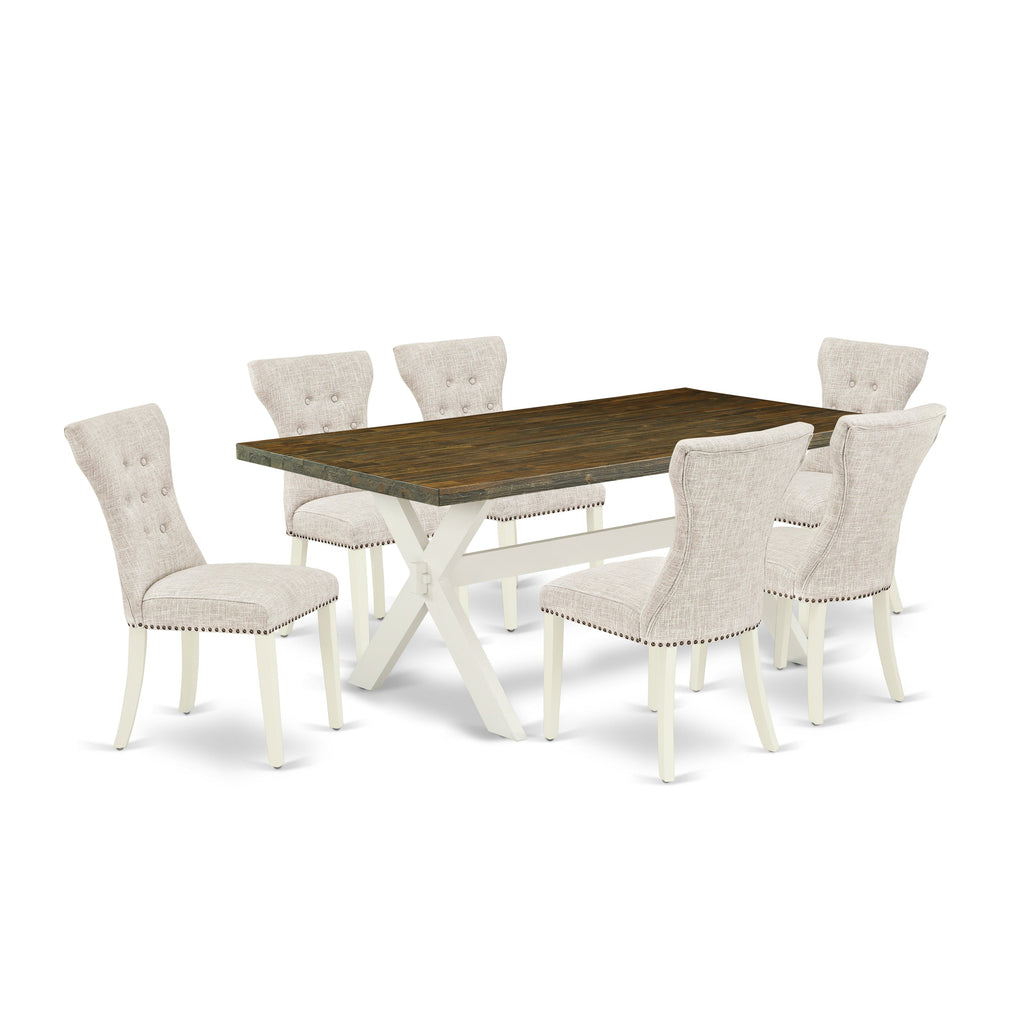 Juego de mesa de comedor moderna de 7 piezas East West Furniture X077GA235-7. Incluye una mesa rectangular de madera con patas en forma de X y 6 sillas de comedor Parsons de tela de lino y piel de venado.