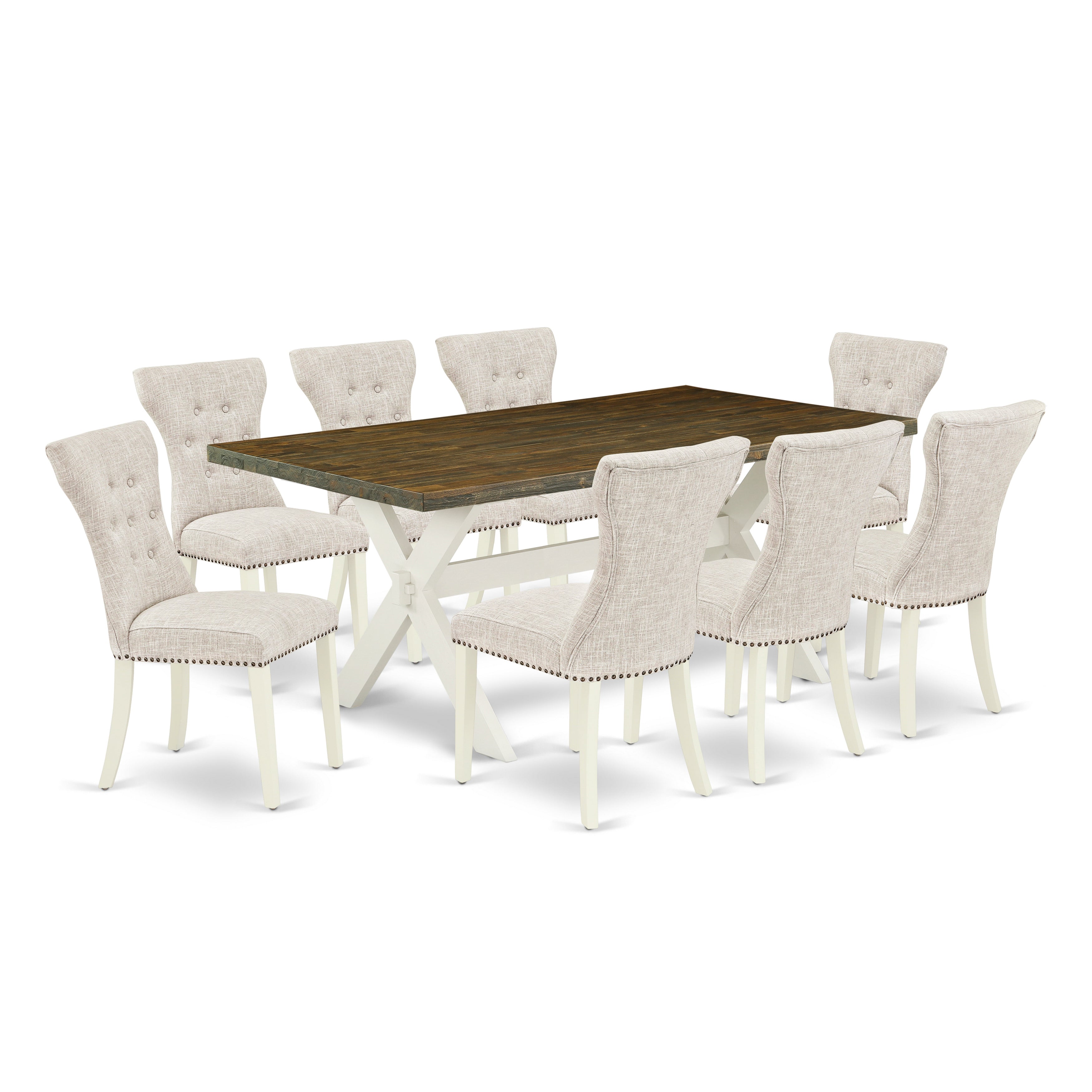 East West Furniture X077GA235-9 9-Pc Dining Room Table Set- 8 Dining Chairs with Doeskin Linen Fabric Seat and Button Tufted Chair Back - Rectangular Table top & Wooden Cross Legs - Distressed Jacobean and linen white Finish