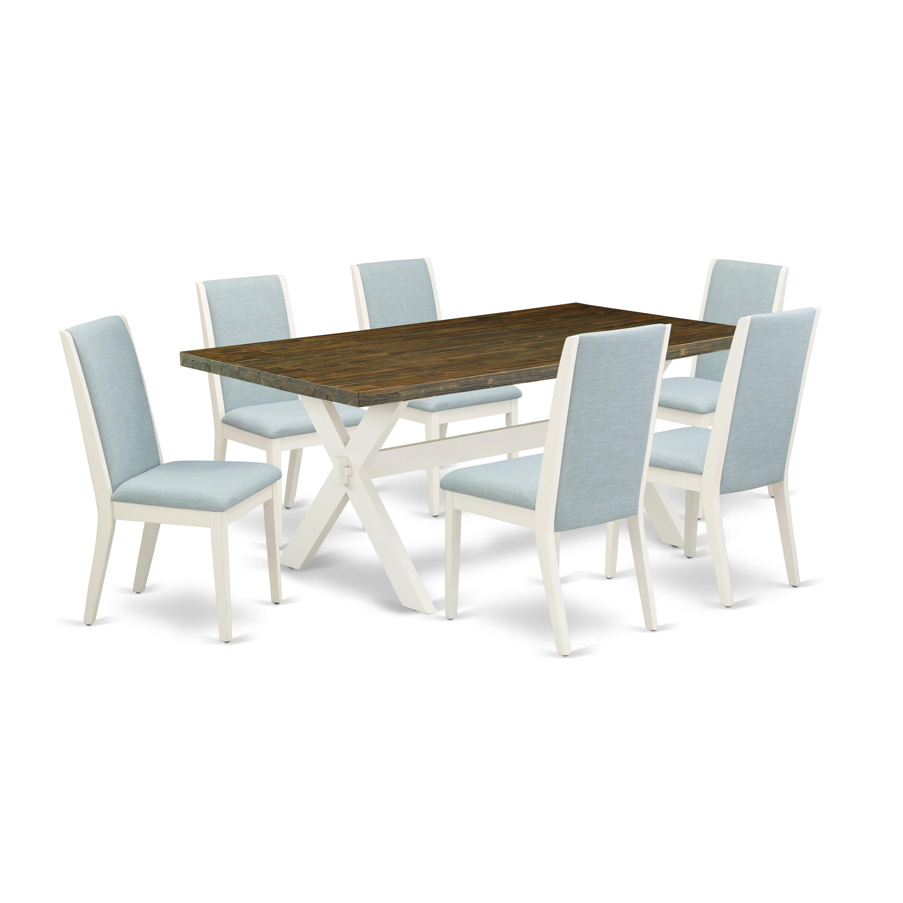 East West Furniture X077LA015-7 7Pc Dinette Set Includes a Dining Room Table and 6 Parson Dining Chairs with Baby Blue Color Linen Fabric, Medium Size Table with Full Back Chairs, Wirebrushed Linen White and Distressed Jacobean Finish