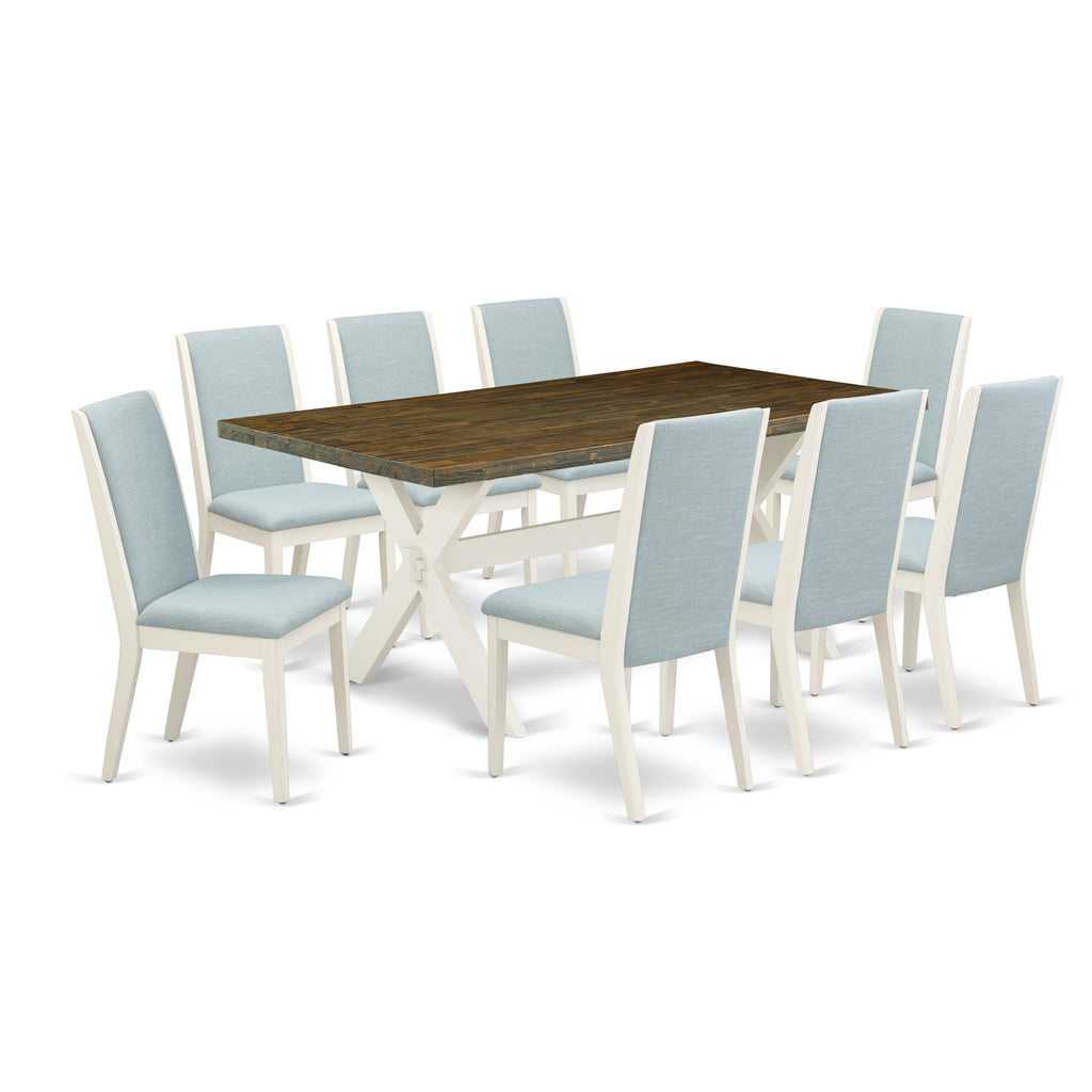Juego de mesa y sillas de cocina de 9 piezas East West Furniture X077LA015-9. Incluye una mesa de comedor rectangular y 8 sillas tapizadas en tela de lino azul bebé.