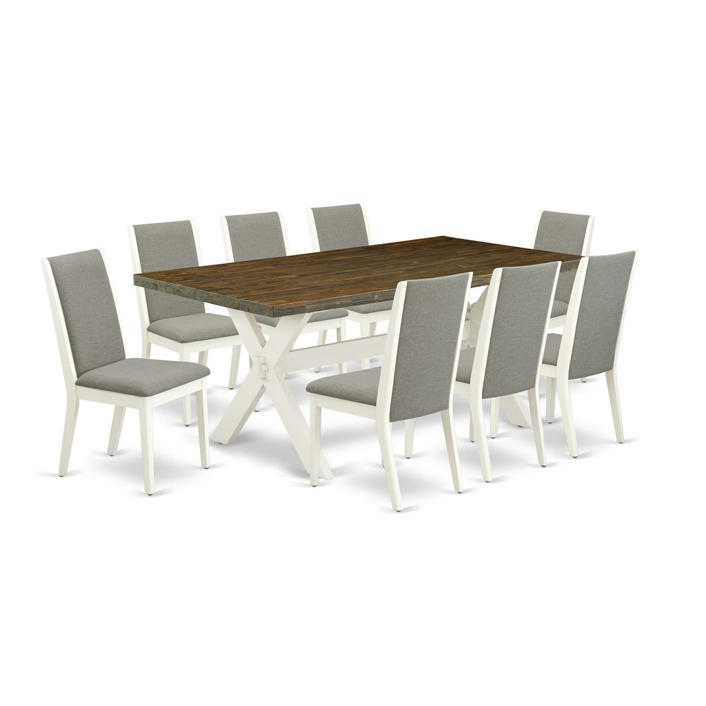 East West Furniture X077LA206-9 9 Piece Dining Table Set Includes a Rectangle Dining Room Table with X-Legs and 8 Shitake Linen Fabric Upholstered Parson Chairs, 40x72 Inch, Multi-Color