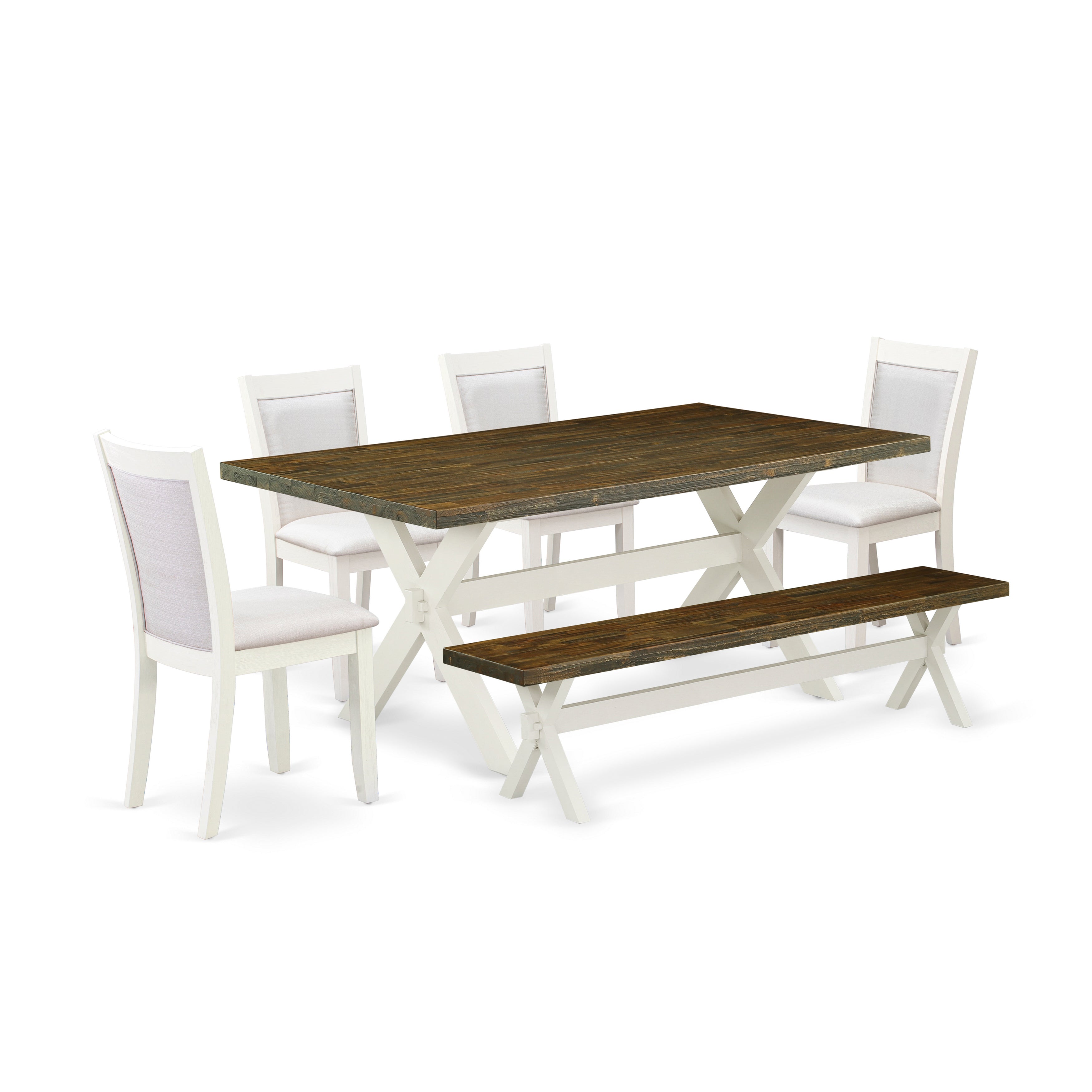 East West Furniture X077MZ001-6 6-Pc Kitchen Table Set Contains a Dining Table - 4 Cream Linen Fabric Dining Chairs with Stylish Back and a Small Bench - Wire Brushed linen white Finish