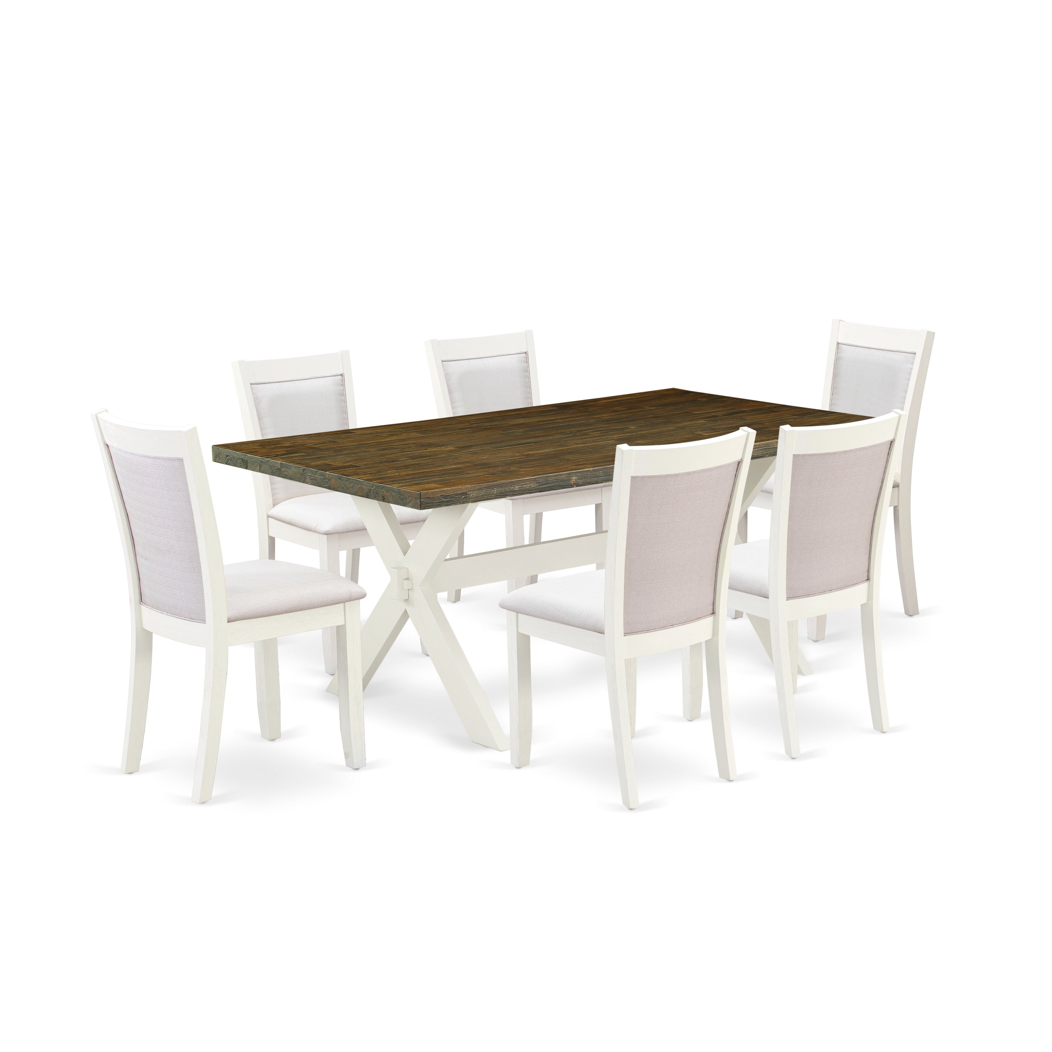 East West Furniture X077MZ001-7 7-Pc Dining Room Set Contains a Kitchen Table and 6 Cream Linen Fabric Parson Chairs with Stylish Back - Wire Brushed linen white Finish