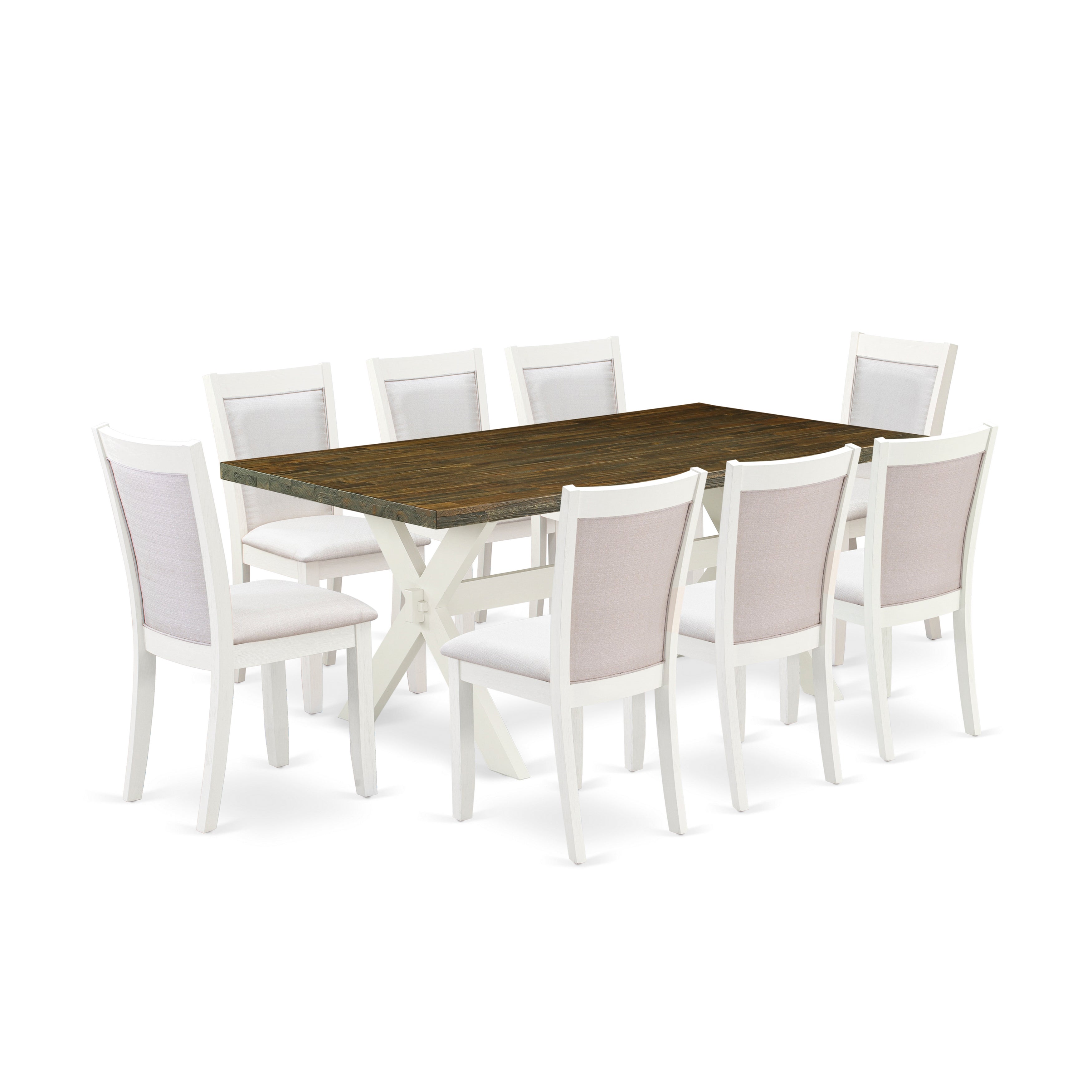 East West Furniture X077MZ001-9 9-Pc Modern Dining Set Contains a Dining Room Table and 8 Cream Linen Fabric Dinner Chairs with Stylish Back - Wire Brushed linen white Finish