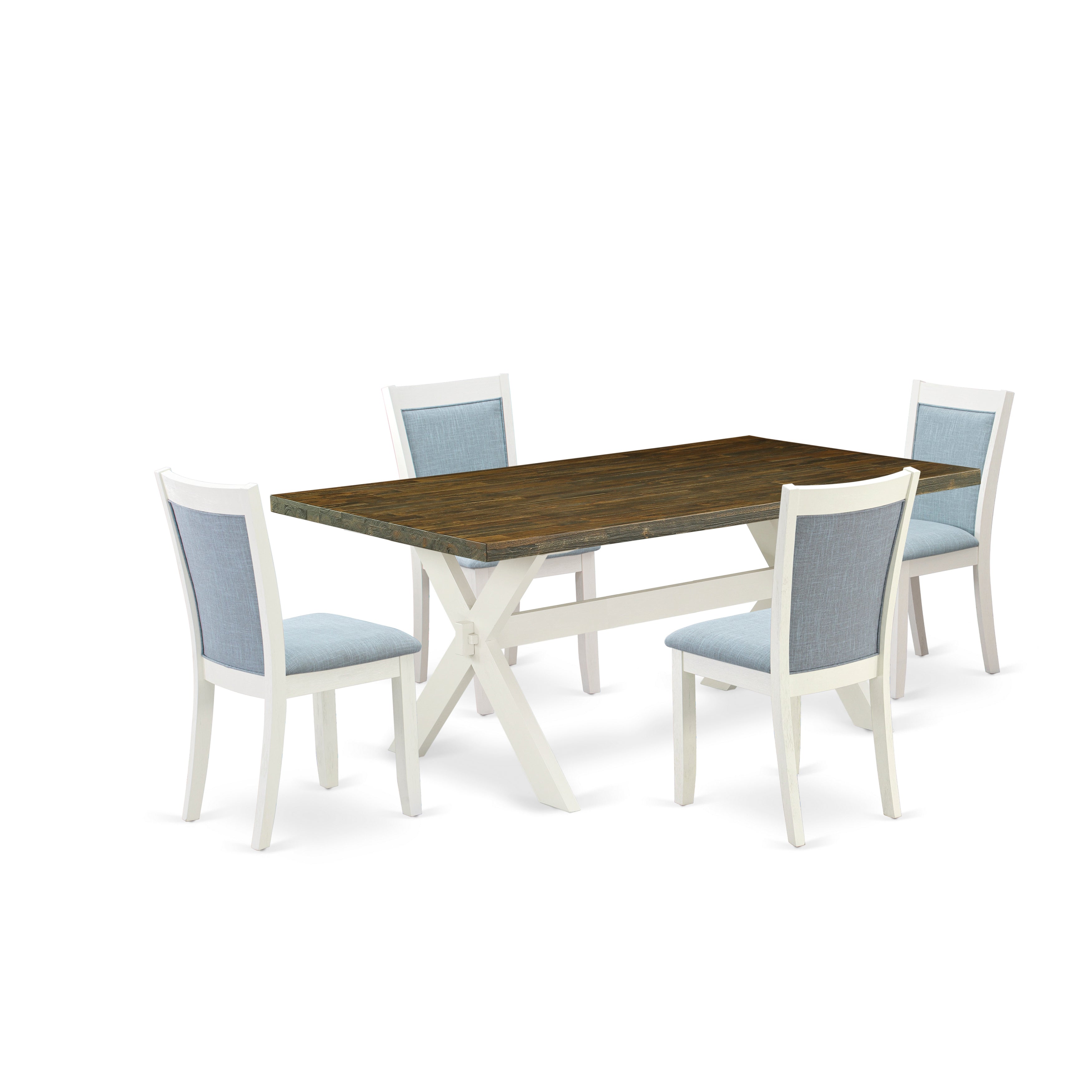 East West Furniture X077MZ015-5 5-Pc Dining Set Contains a Dining Table and 4 Baby Blue Linen Fabric Parson Chairs with Stylish Back - Wire Brushed linen white Finish