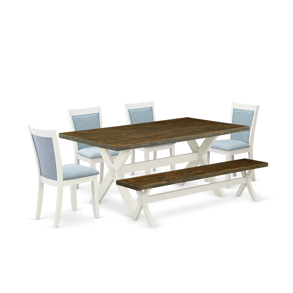 Juego de mesa de comedor de 6 piezas East West Furniture X077MZ015-6. Contiene una mesa de cocina rectangular con patas en forma de X y 4 sillas tapizadas en tela de lino azul bebé con un banco.