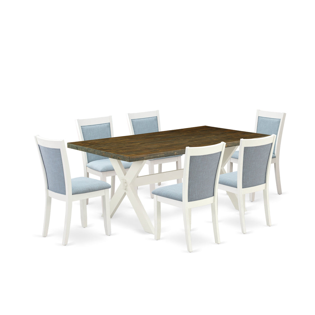 Juego de mesa de comedor de 7 piezas East West Furniture X077MZ015-7 compuesto por una mesa de cocina rectangular con patas en forma de X y 6 sillas de comedor Parson de tela de lino azul bebé.