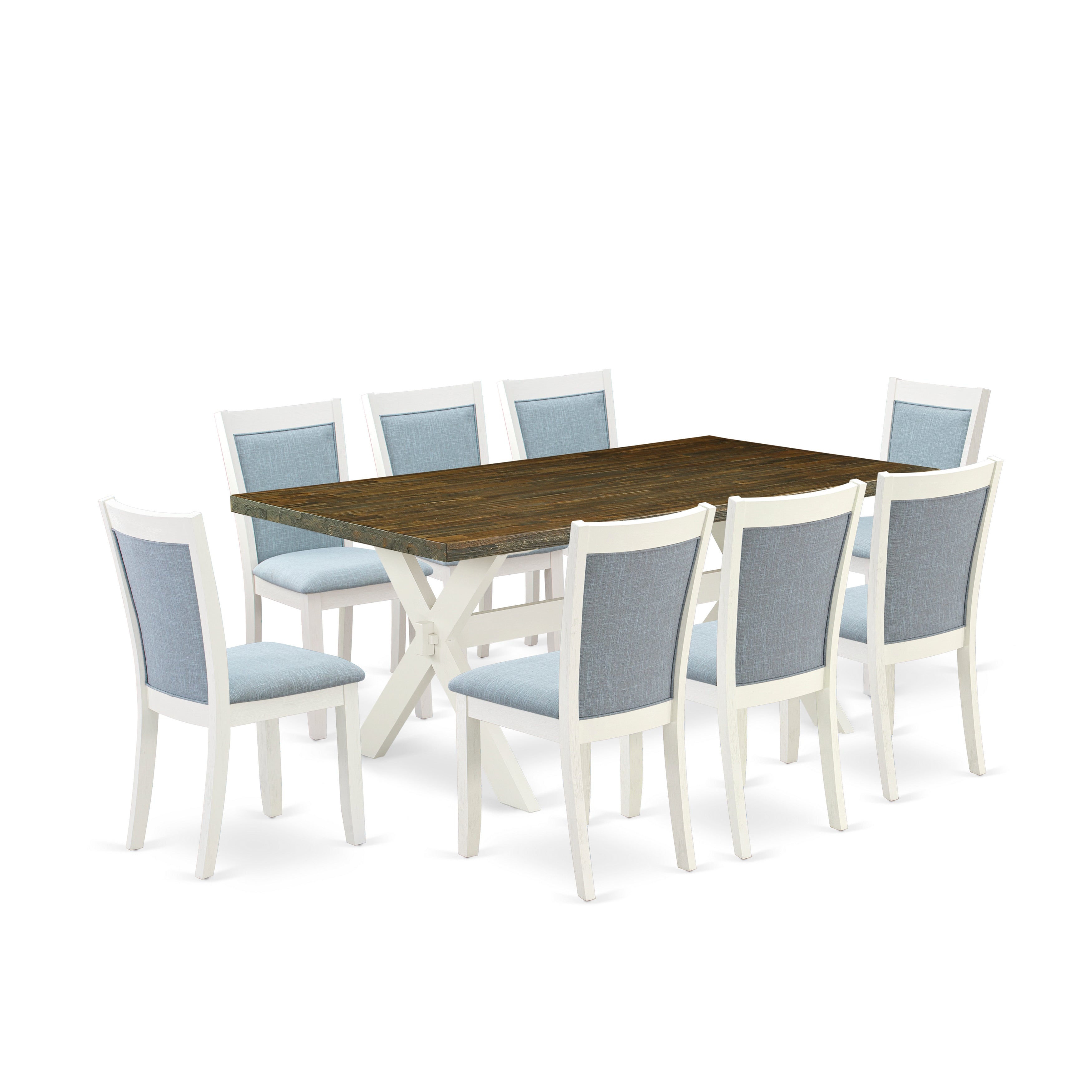 East West Furniture X077MZ015-9 9-Pc Table Set Contains a Wooden Table and 8 Baby Blue Linen Fabric Dining Room Chairs with Stylish Back - Wire Brushed linen white Finish