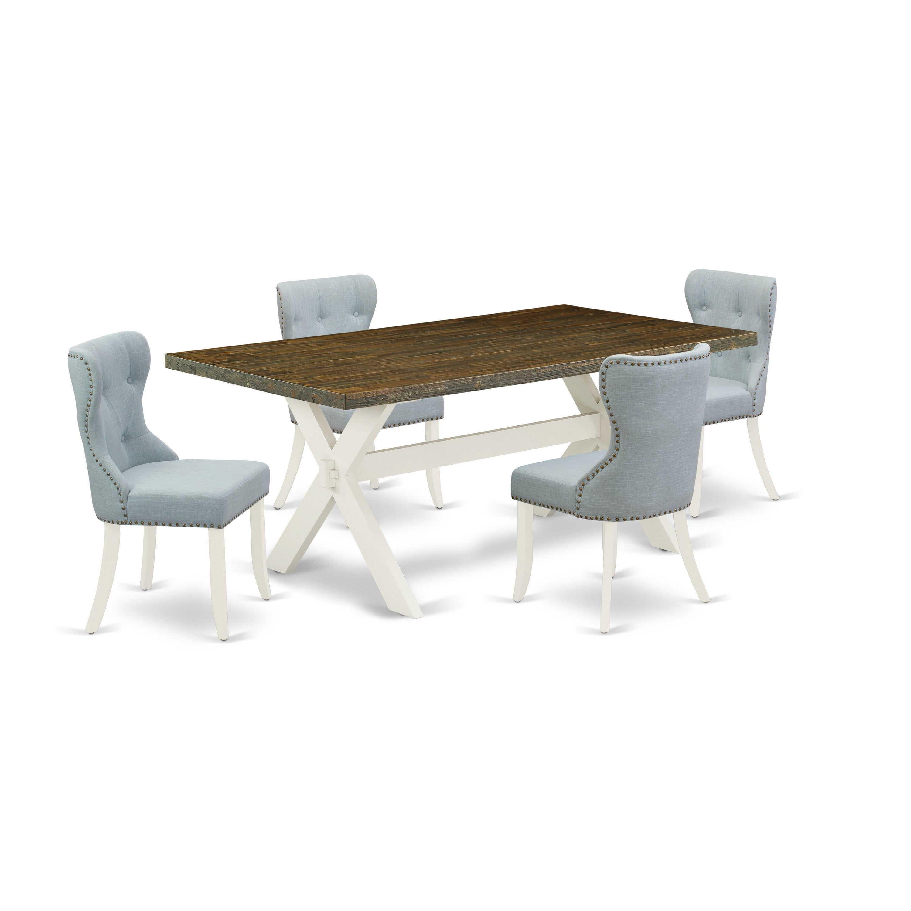 East West Furniture X077SI215-5 5-Piece Kitchen Table Set- 4 Padded Parson Chairs with Baby Blue Linen Fabric Seat and Button Tufted Chair Back - Dining Table (Distressed Jacobean Finish)