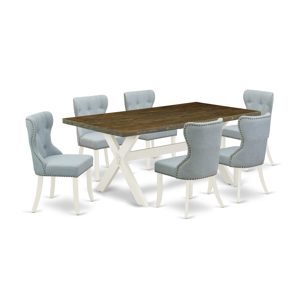 East West Furniture X077SI215-7 7 Piece Dining Table Set Consist of a Rectangle Dining Room Table with X-Legs and 6 Baby Blue Linen Fabric Upholstered Chairs