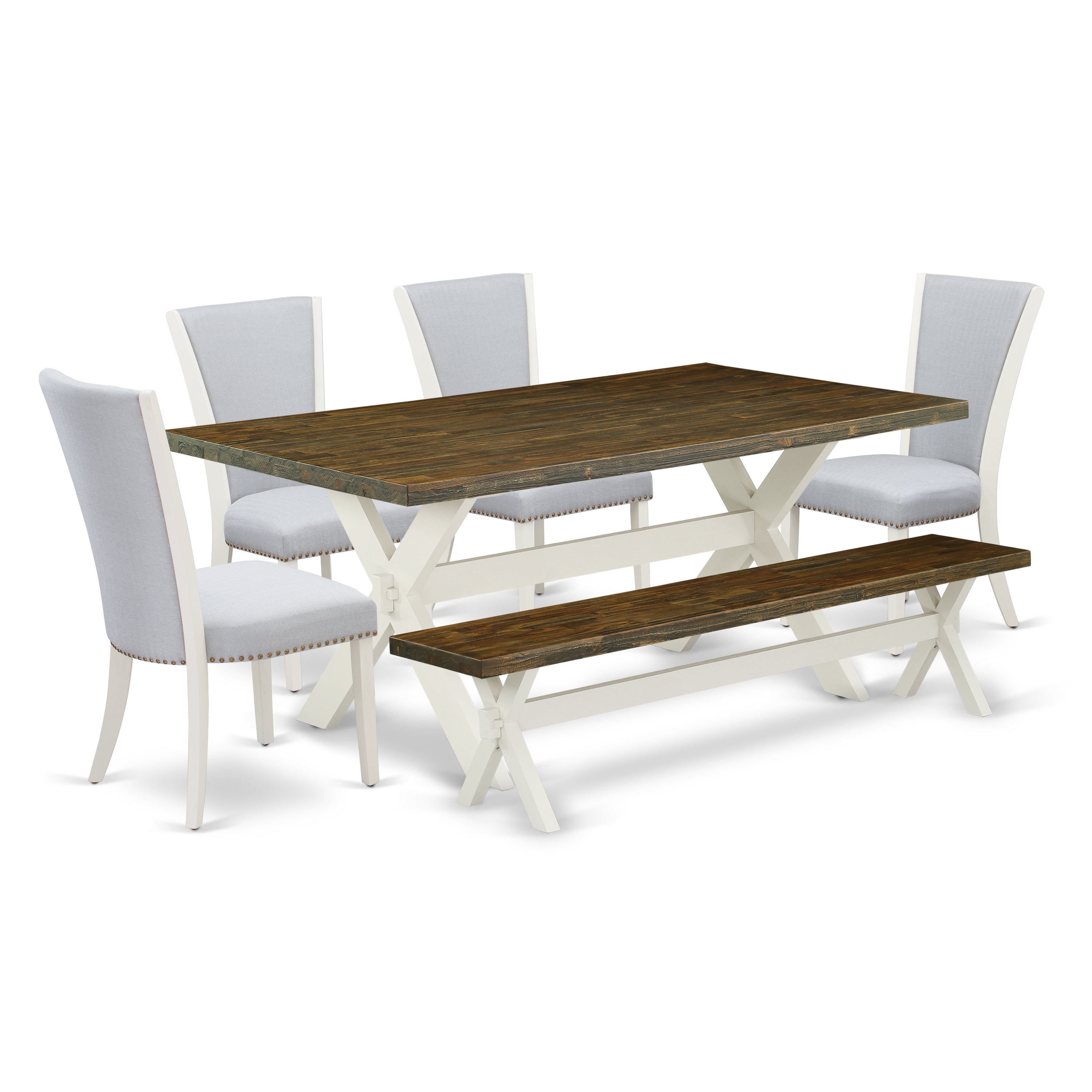 East West Furniture X077VE005-6 6 Piece Dining Set - Distressed Jacobean Dinner Table, 1 Wooden Bench and 4 Grey Linen Fabric Parson Dining Room Chairs with Nailheads - Wire Brushed linen white Finish