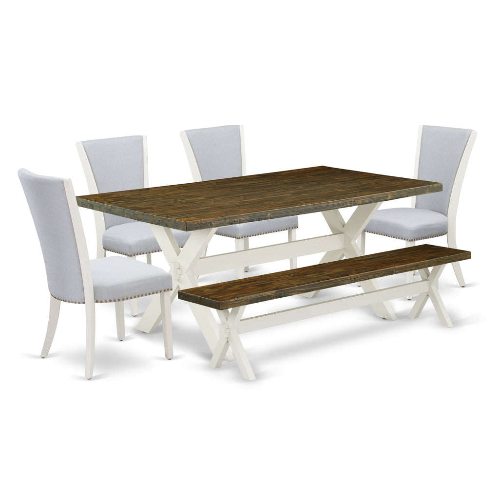 East West Furniture X077VE005-6 6 Piece Modern Dining Table Set Contains a Rectangle Wooden Table with X-Legs and 4 Grey Linen Fabric Parson Chairs with a Bench, 40x72 Inch, Multi-Color