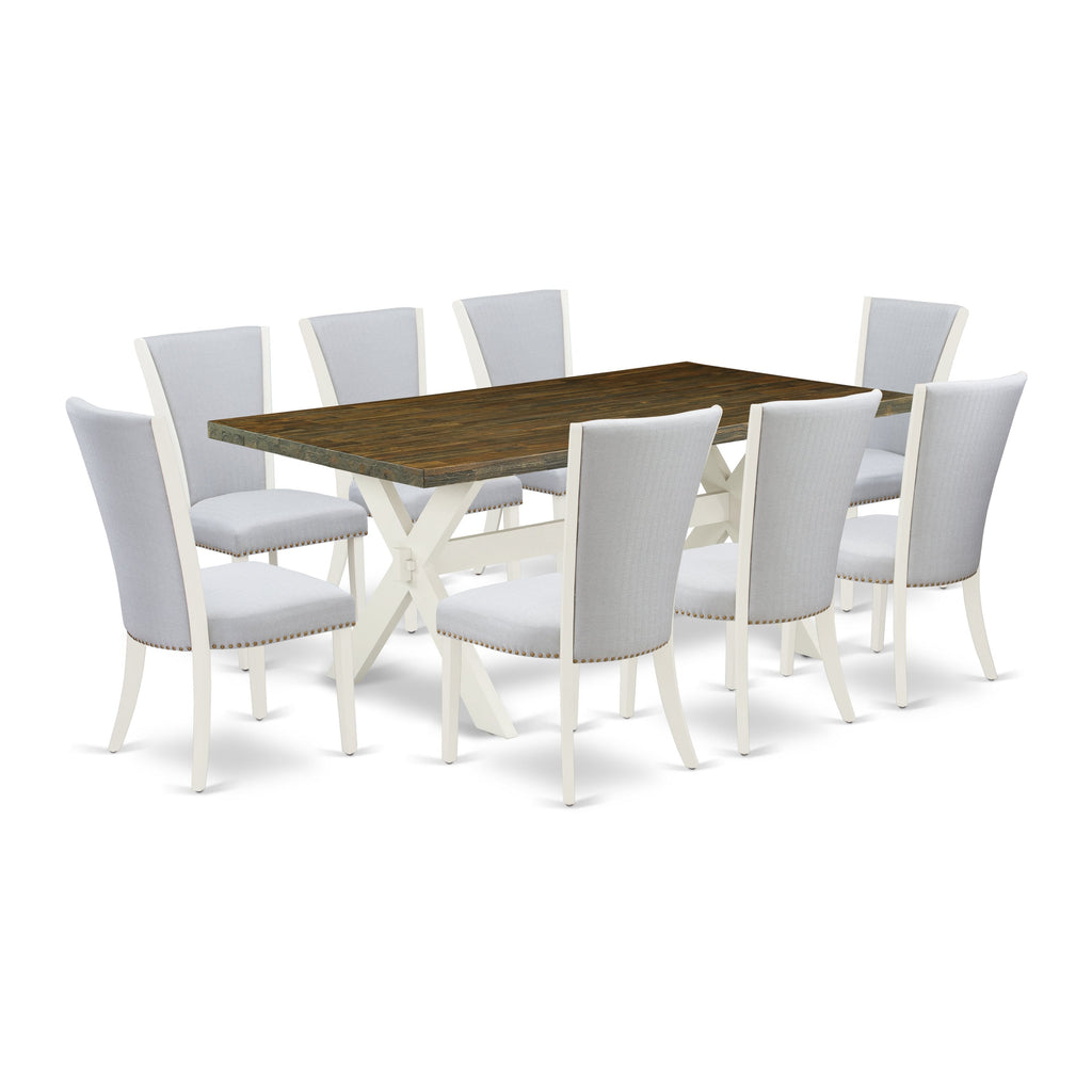 East West Furniture X077VE005-9 9 Piece Modern Dining Table Set Includes a Rectangle Wooden Table with X-Legs and 8 Grey Linen Fabric Parsons Dining Chairs